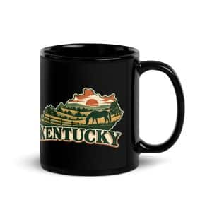Kentucky Black Coffee Mug: Rolling pasture and horse silhouette, Vintage Kentucky Silhouette - 11 oz - Handle on Right