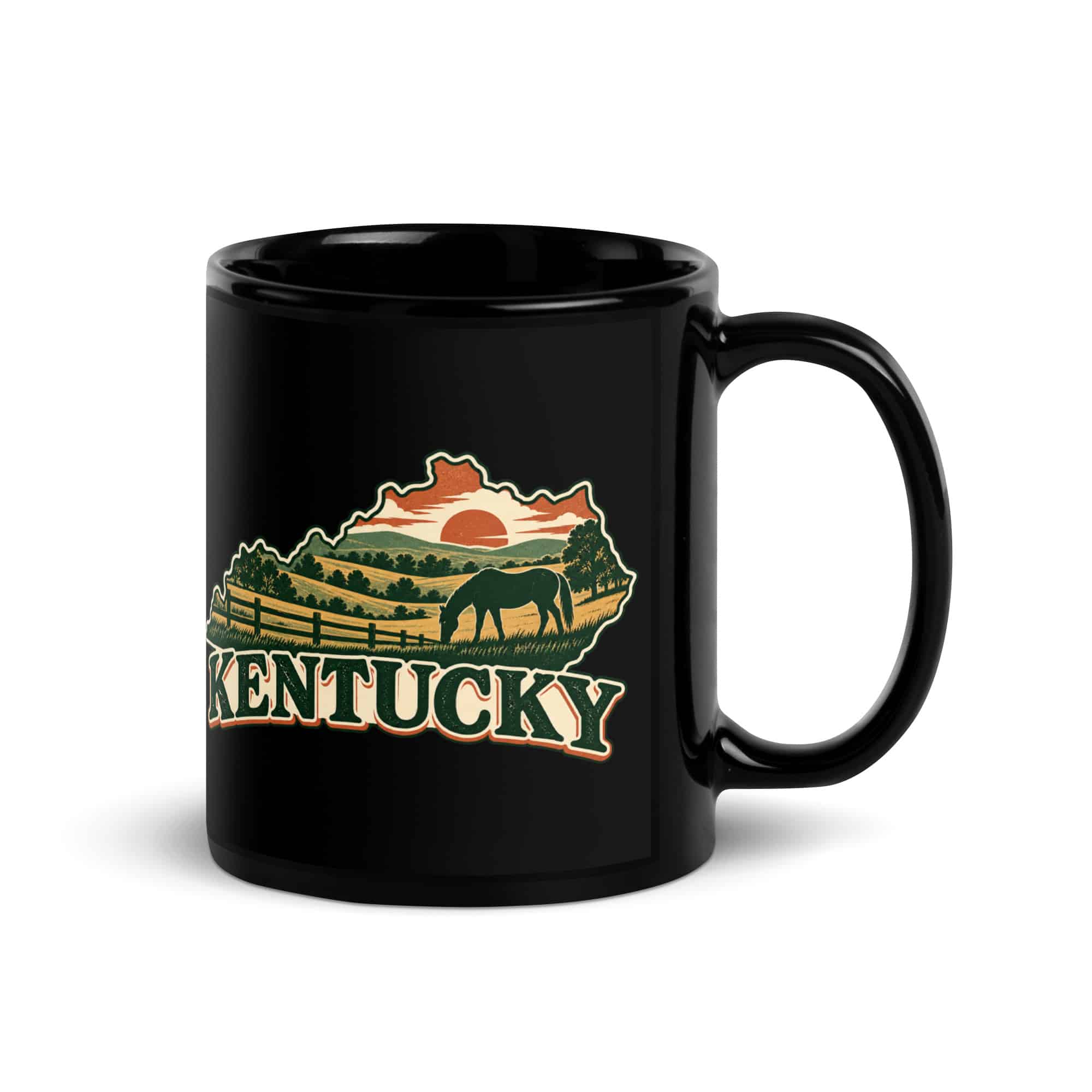 Kentucky Black Coffee Mug: Rolling pasture and horse silhouette, Vintage Kentucky Silhouette