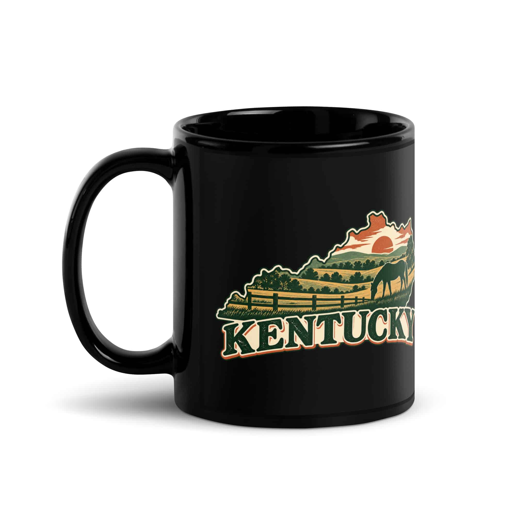 Kentucky Black Coffee Mug: Rolling pasture and horse silhouette, Vintage Kentucky Silhouette