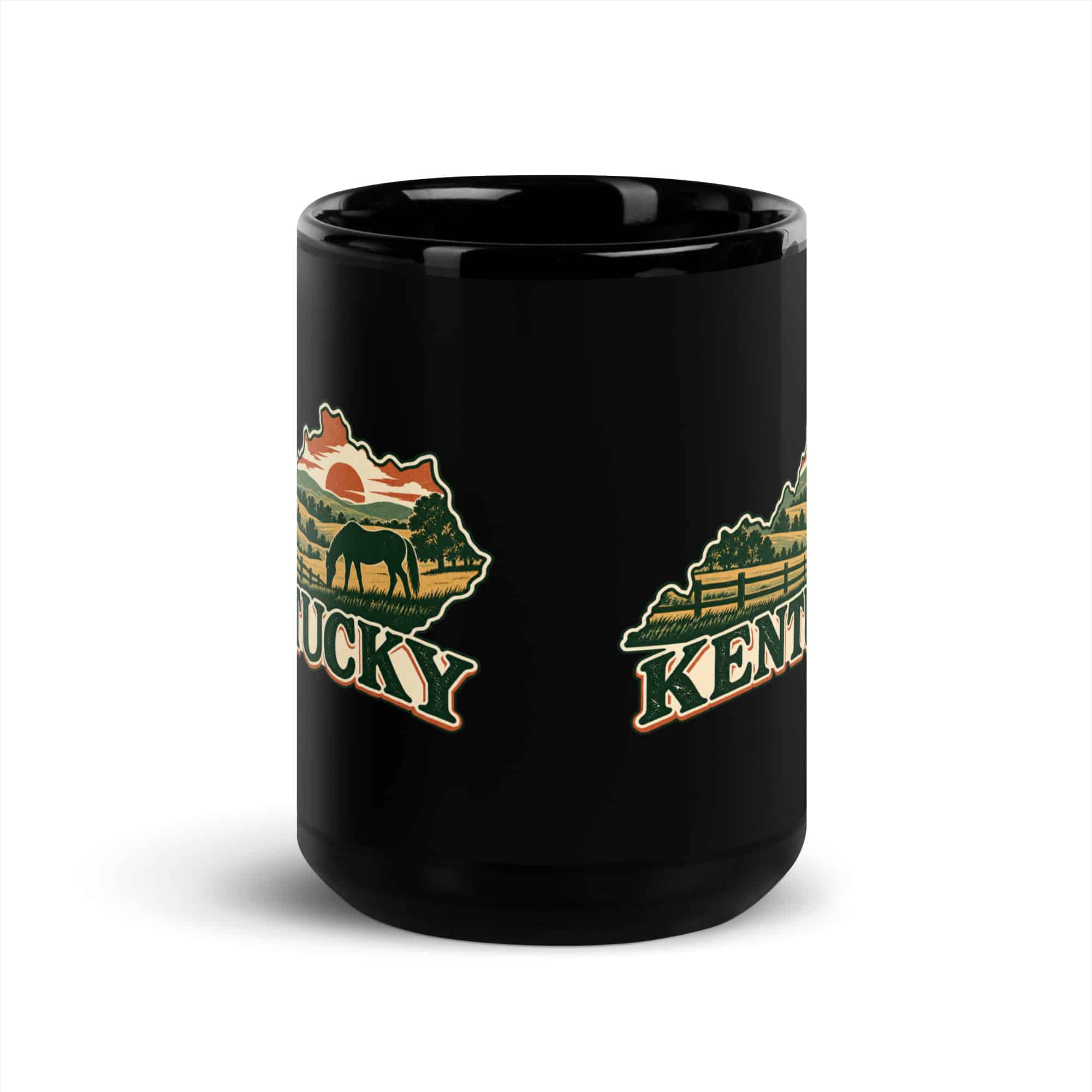 Kentucky Black Coffee Mug: Rolling pasture and horse silhouette, Vintage Kentucky Silhouette