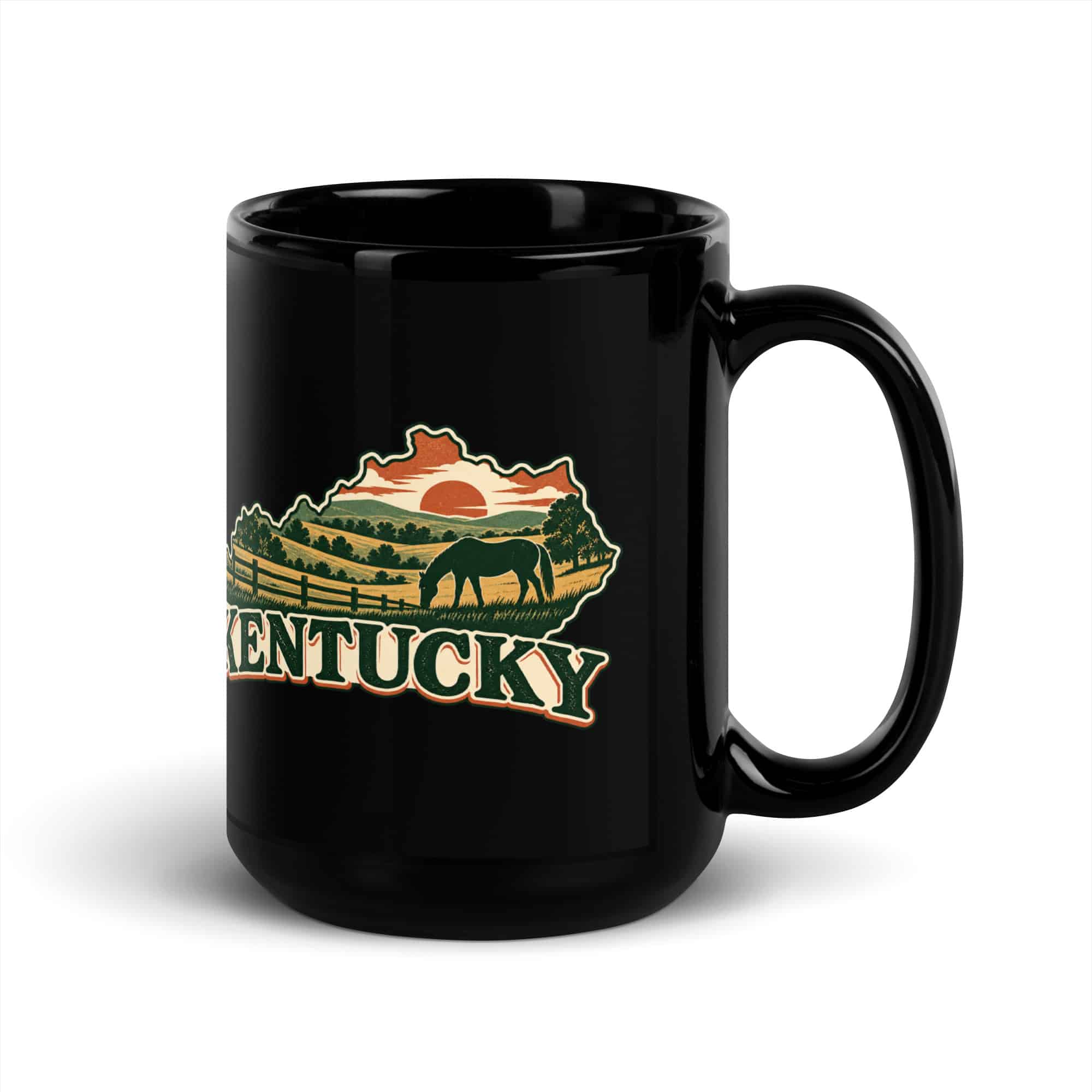 Kentucky Black Coffee Mug: Rolling pasture and horse silhouette, Vintage Kentucky Silhouette