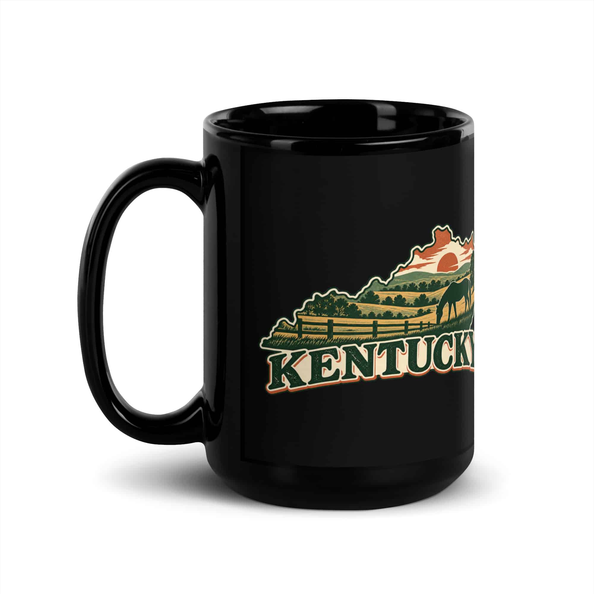 Kentucky Black Coffee Mug: Rolling pasture and horse silhouette, Vintage Kentucky Silhouette