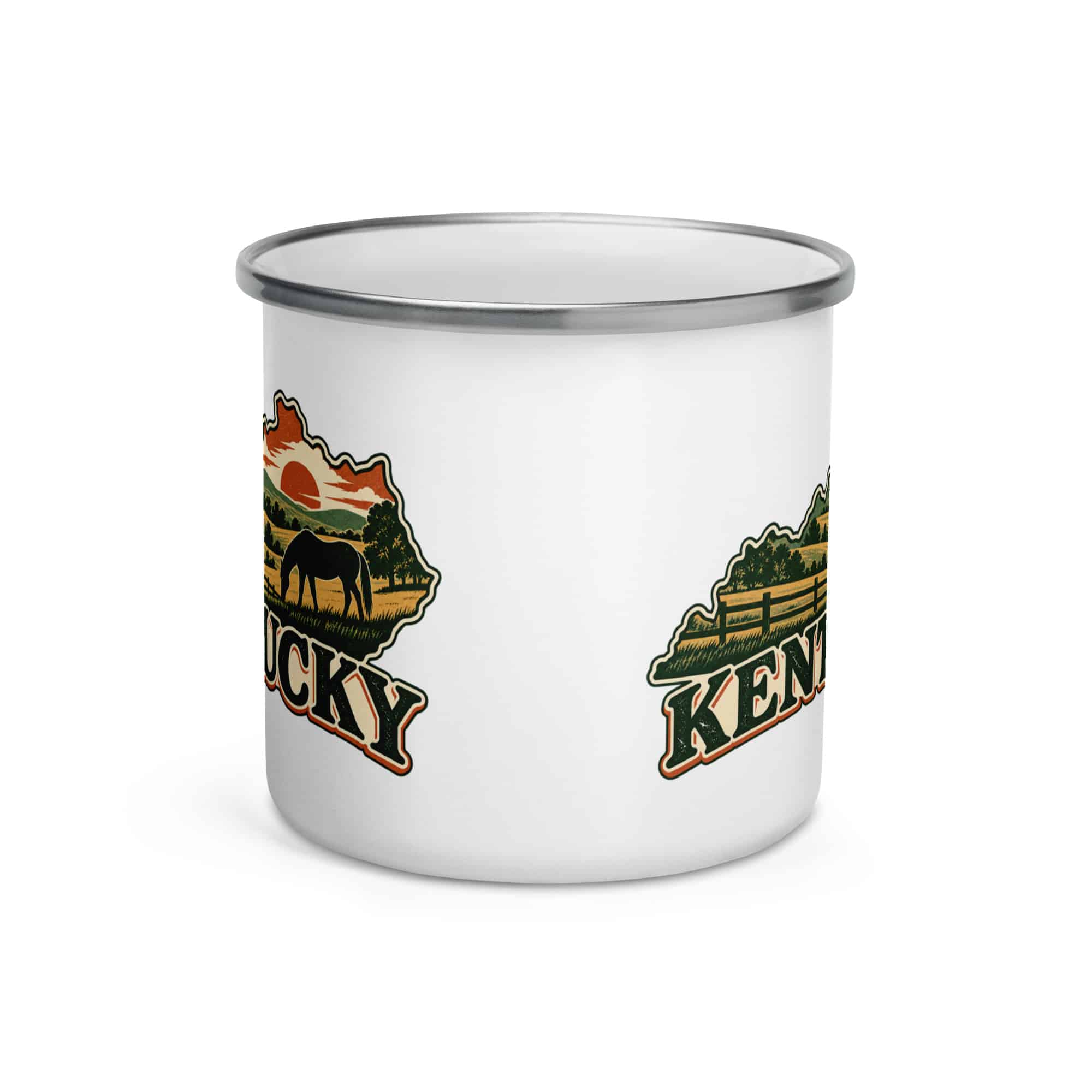 Kentucky Enamel Camp Mug: Rolling pasture and horse silhouette, Vintage Kentucky Silhouette