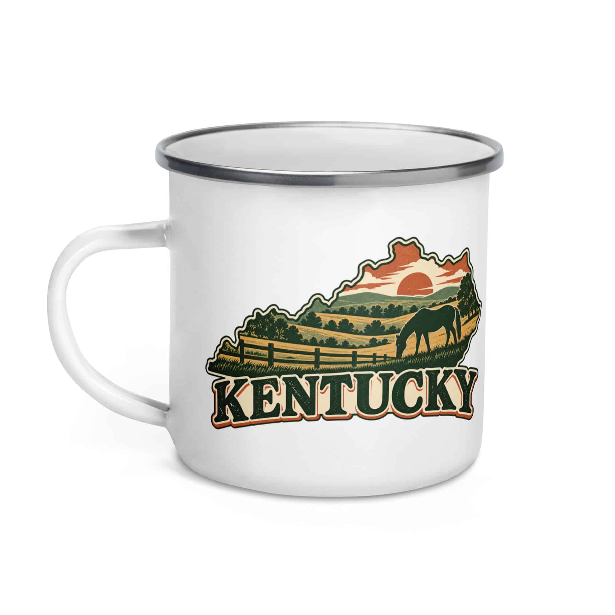 Kentucky Enamel Camp Mug: Rolling pasture and horse silhouette, Vintage Kentucky Silhouette