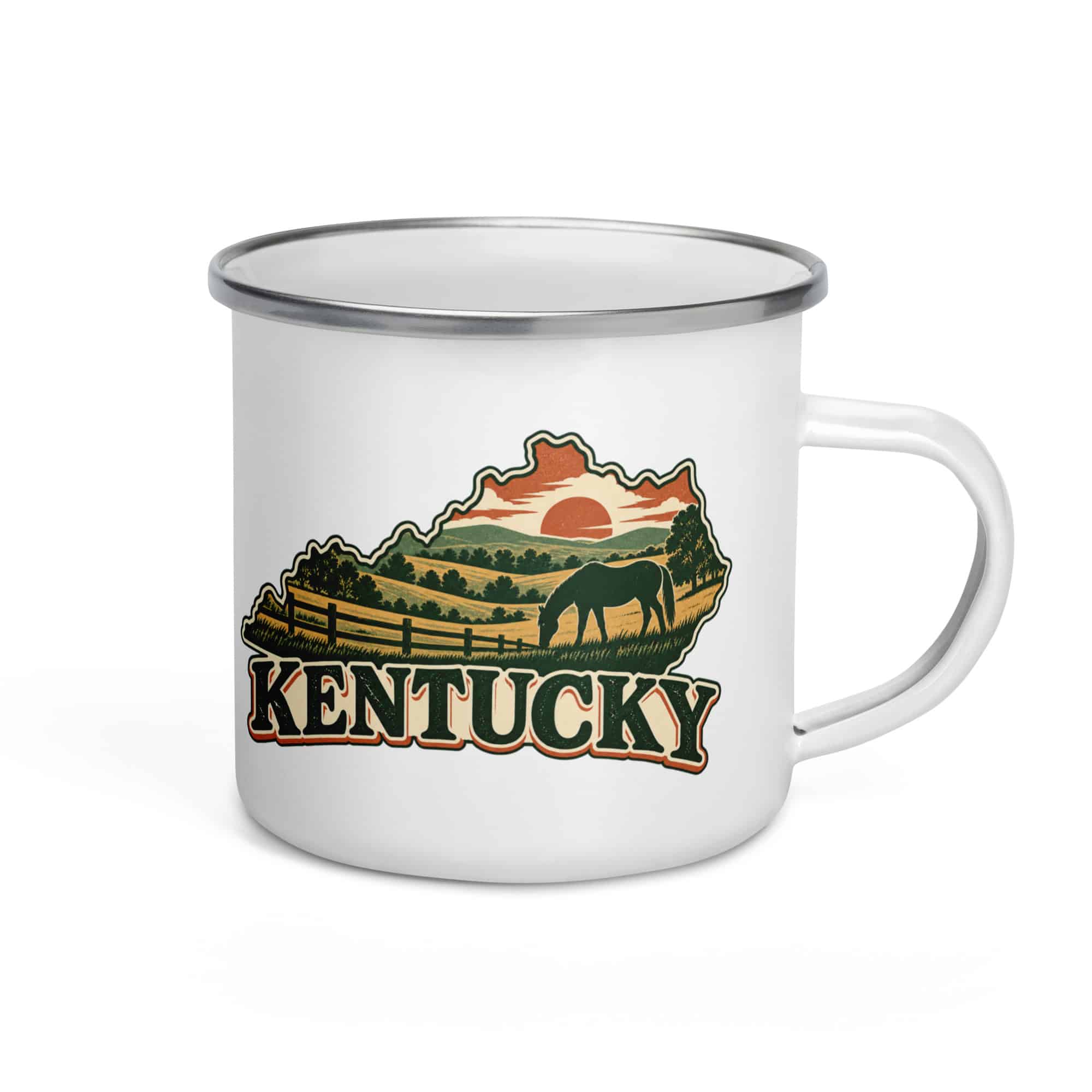 Kentucky Enamel Camp Mug: Rolling pasture and horse silhouette, Vintage Kentucky Silhouette
