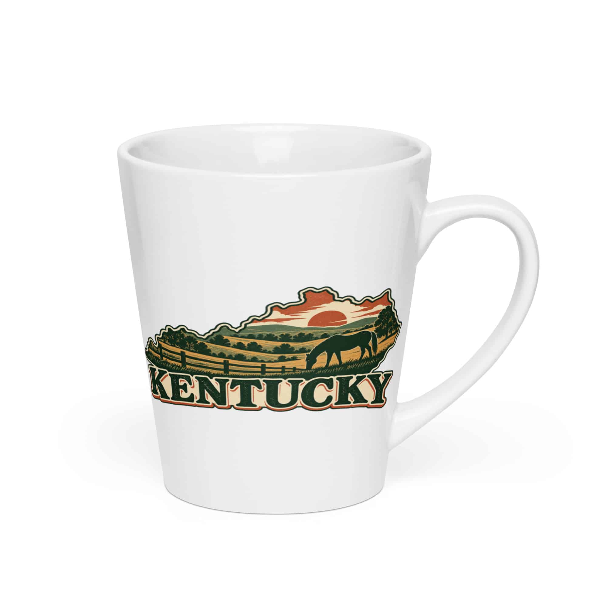 Kentucky Latte Mug: Rolling pasture and horse silhouette, Vintage Kentucky Silhouette