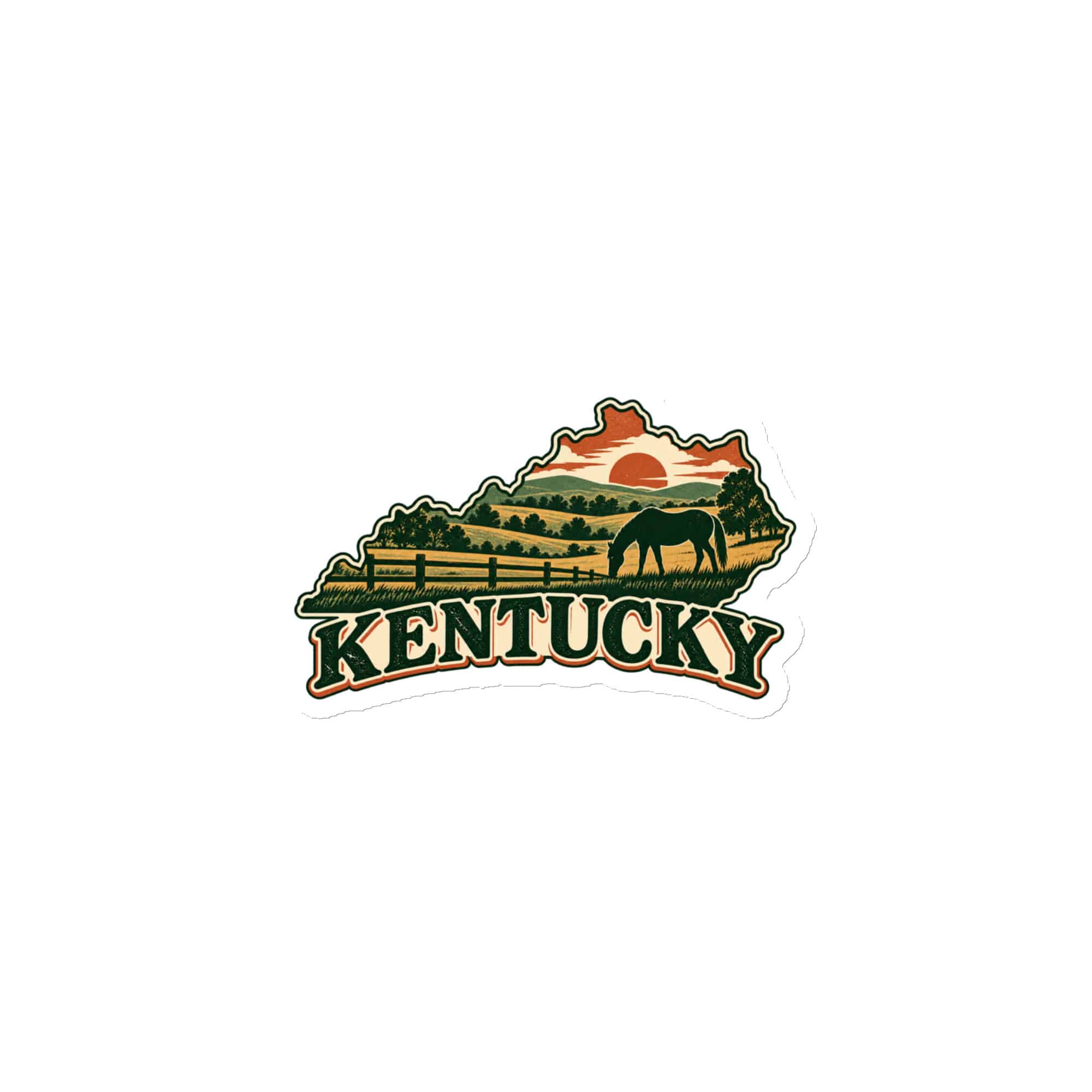 Kentucky Die-Cut Magnet: Rolling pasture and horse silhouette, Vintage Kentucky Silhouette