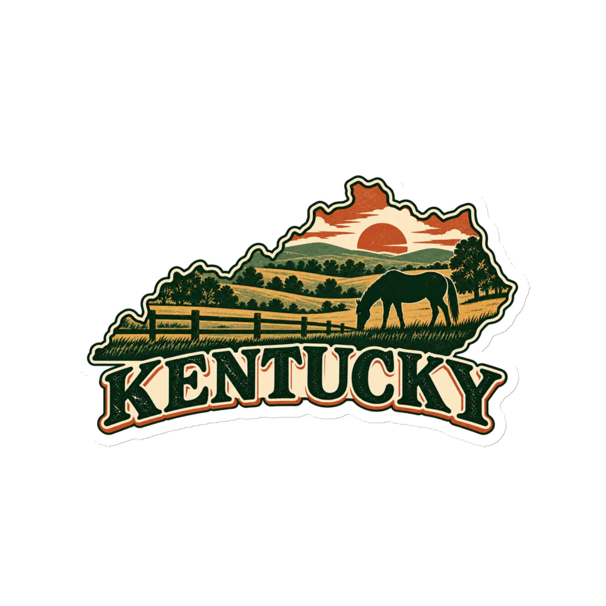 Kentucky Die-Cut Magnet: Rolling pasture and horse silhouette, Vintage Kentucky Silhouette