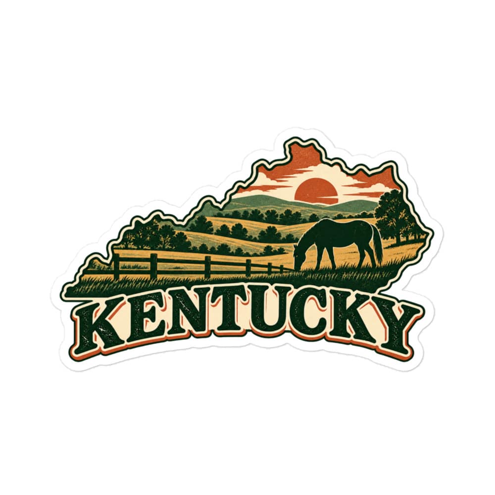 Kentucky Vinyl Sticker: Rolling pasture and horse silhouette, Vintage Kentucky Silhouette