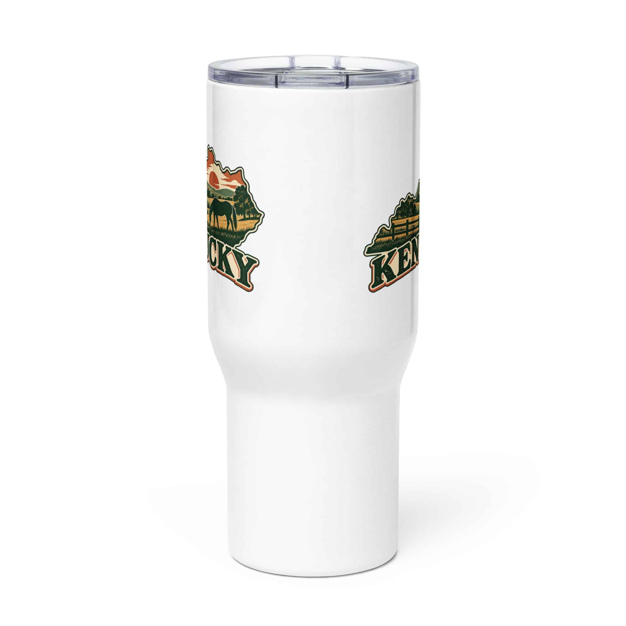 Kentucky Travel Mug: Rolling pasture and horse silhouette, Vintage Kentucky Silhouette