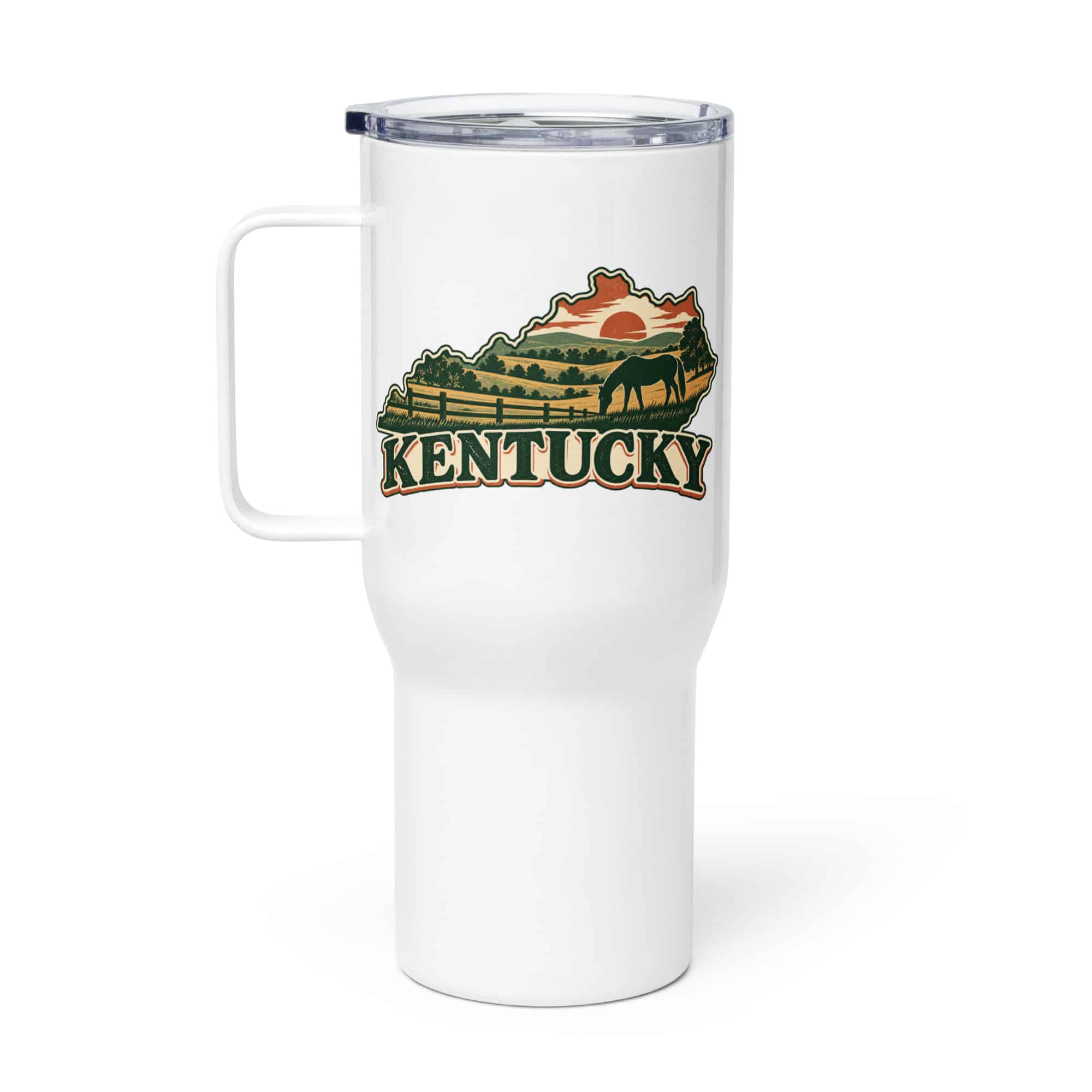 Kentucky Travel Mug: Rolling pasture and horse silhouette, Vintage Kentucky Silhouette