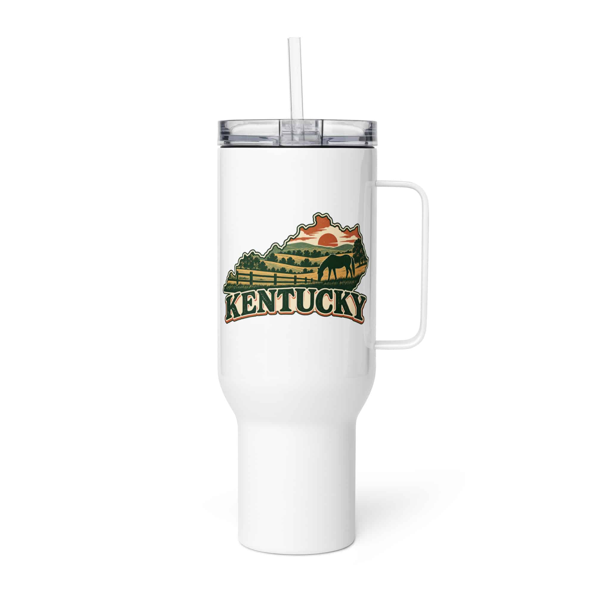 Kentucky Travel Mug: Rolling pasture and horse silhouette, Vintage Kentucky Silhouette