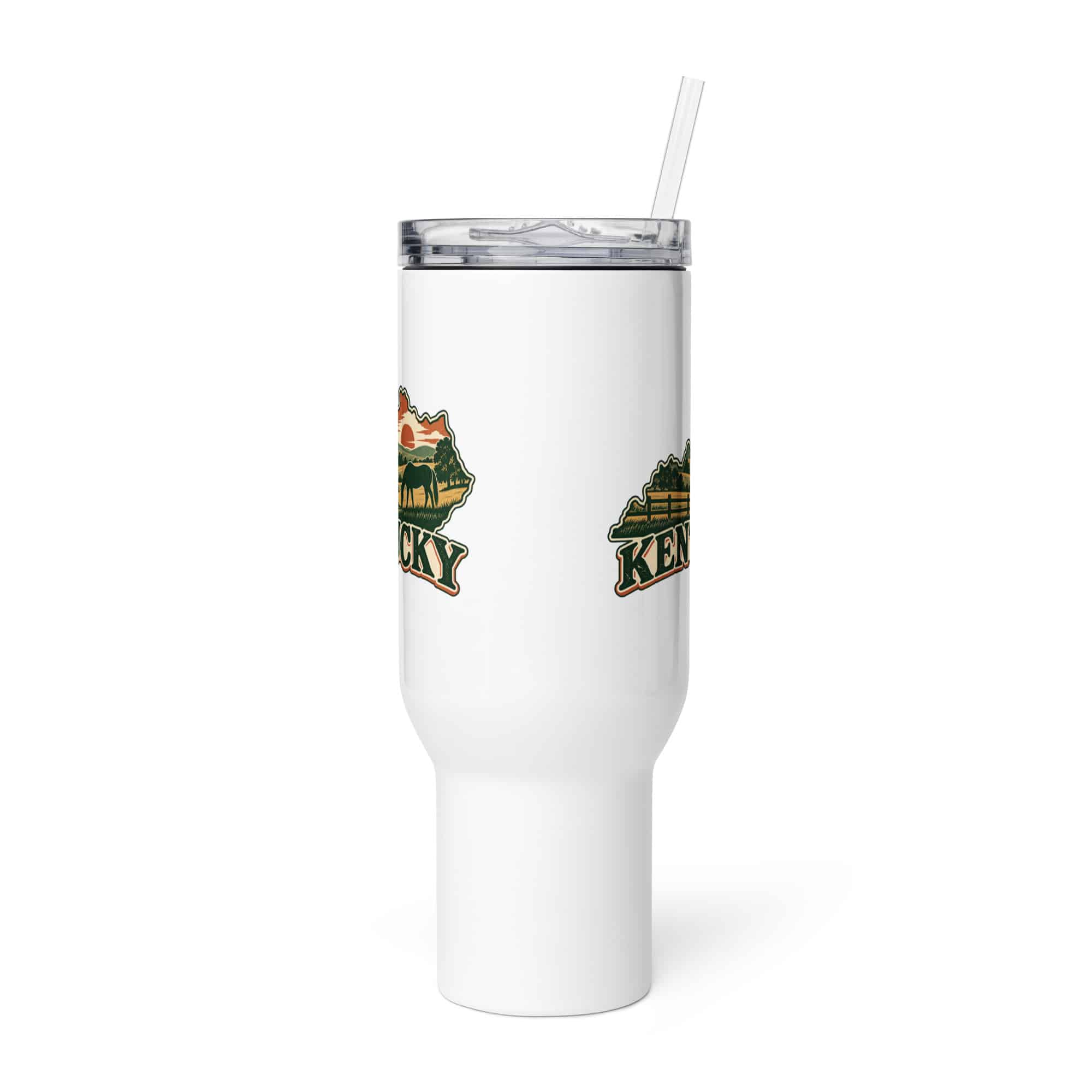 Kentucky Travel Mug: Rolling pasture and horse silhouette, Vintage Kentucky Silhouette