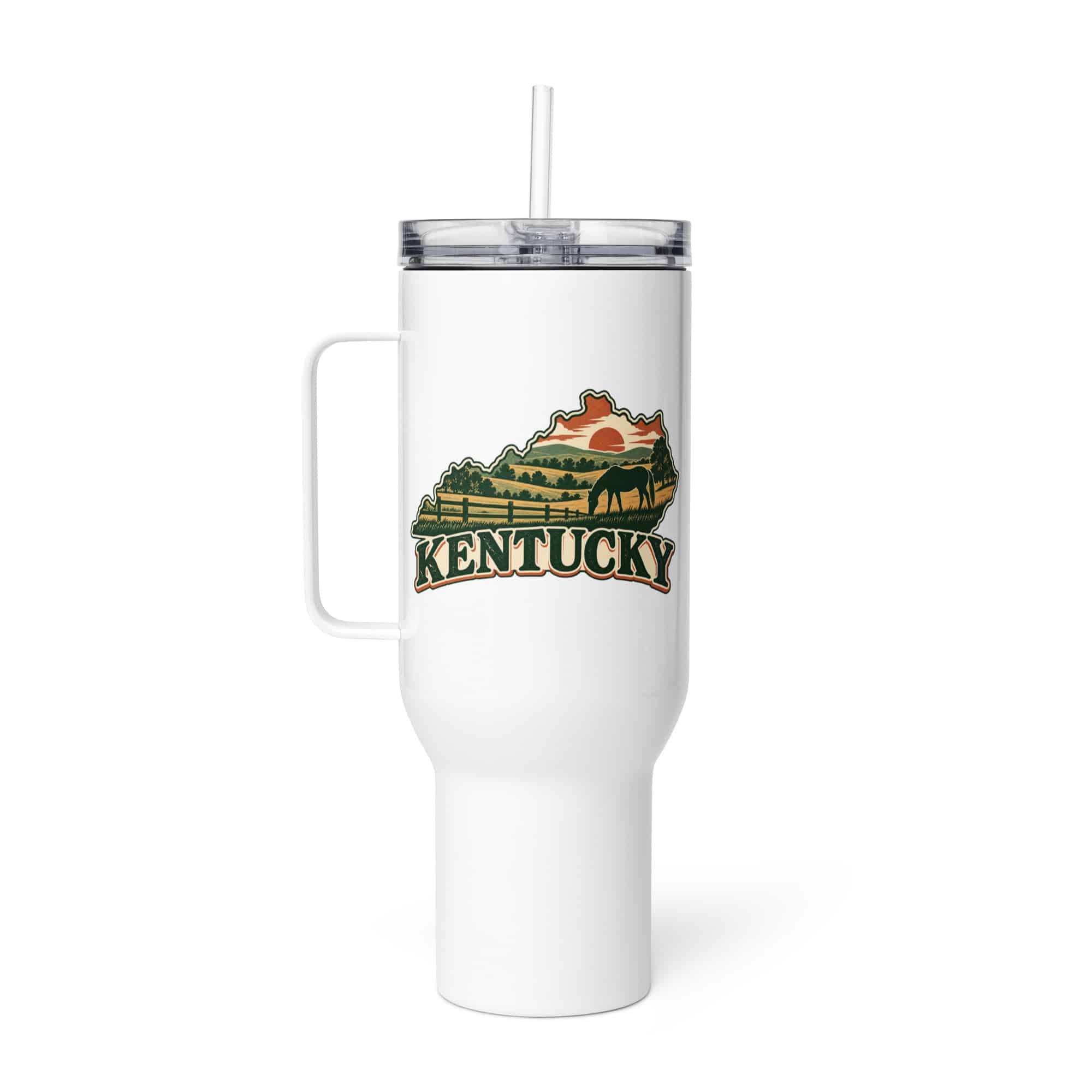 Kentucky Travel Mug: Rolling pasture and horse silhouette, Vintage Kentucky Silhouette