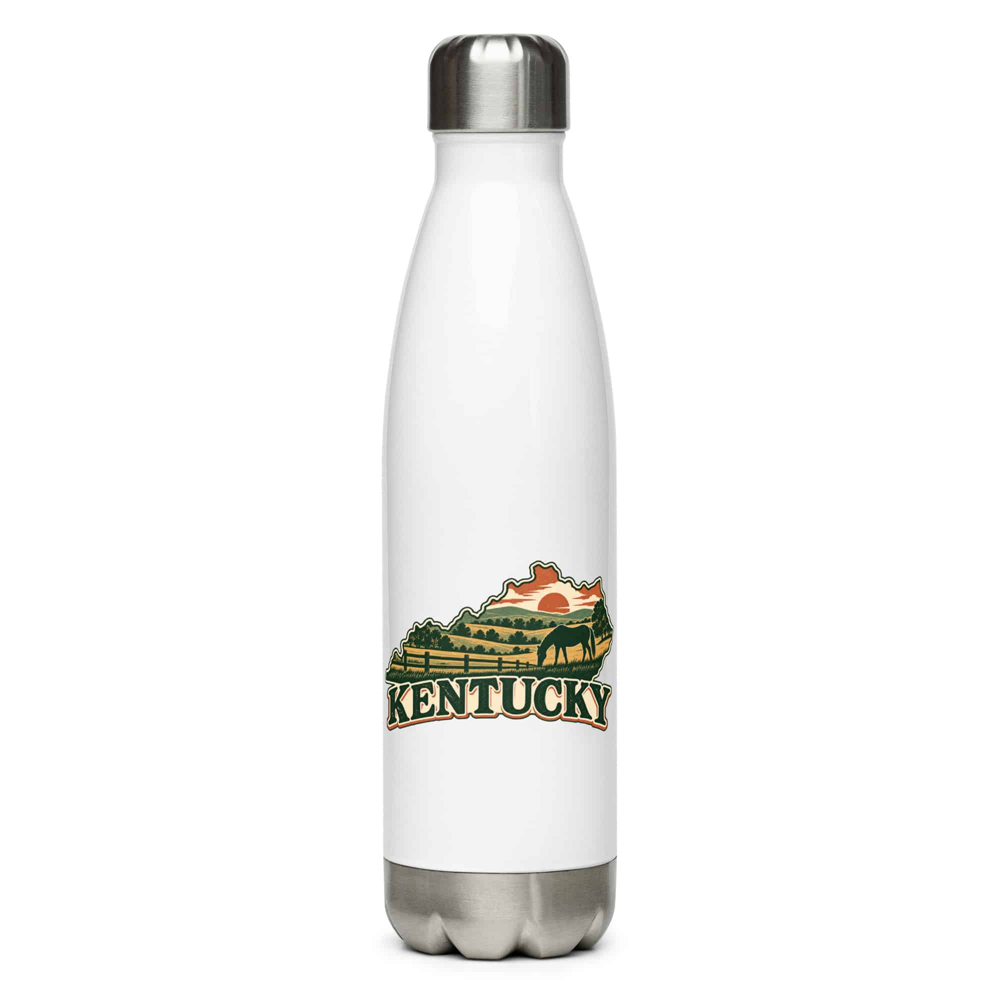 Kentucky Stainless Steel Water Bottle: Rolling pasture and horse silhouette, Vintage Kentucky Silhouette