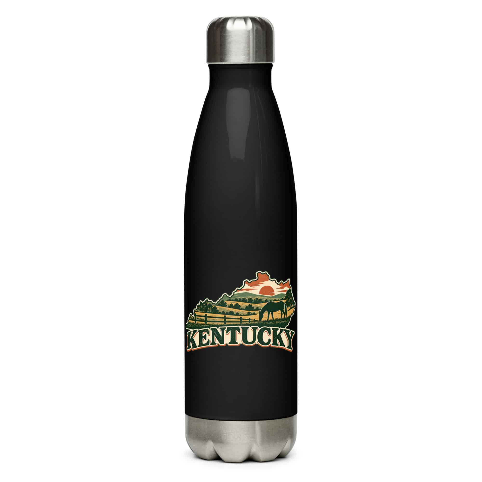 Kentucky Stainless Steel Water Bottle: Rolling pasture and horse silhouette, Vintage Kentucky Silhouette