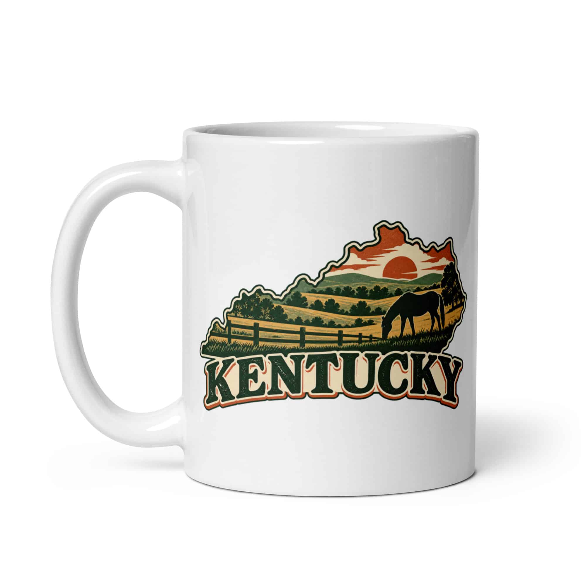 Kentucky White Ceramic Coffee Mug: Rolling pasture and horse silhouette, Vintage Kentucky Silhouette