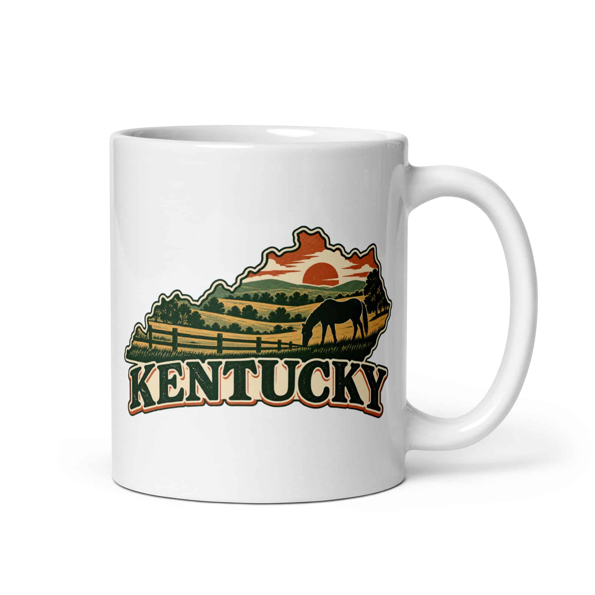 Kentucky White Ceramic Coffee Mug: Rolling pasture and horse silhouette, Vintage Kentucky Silhouette