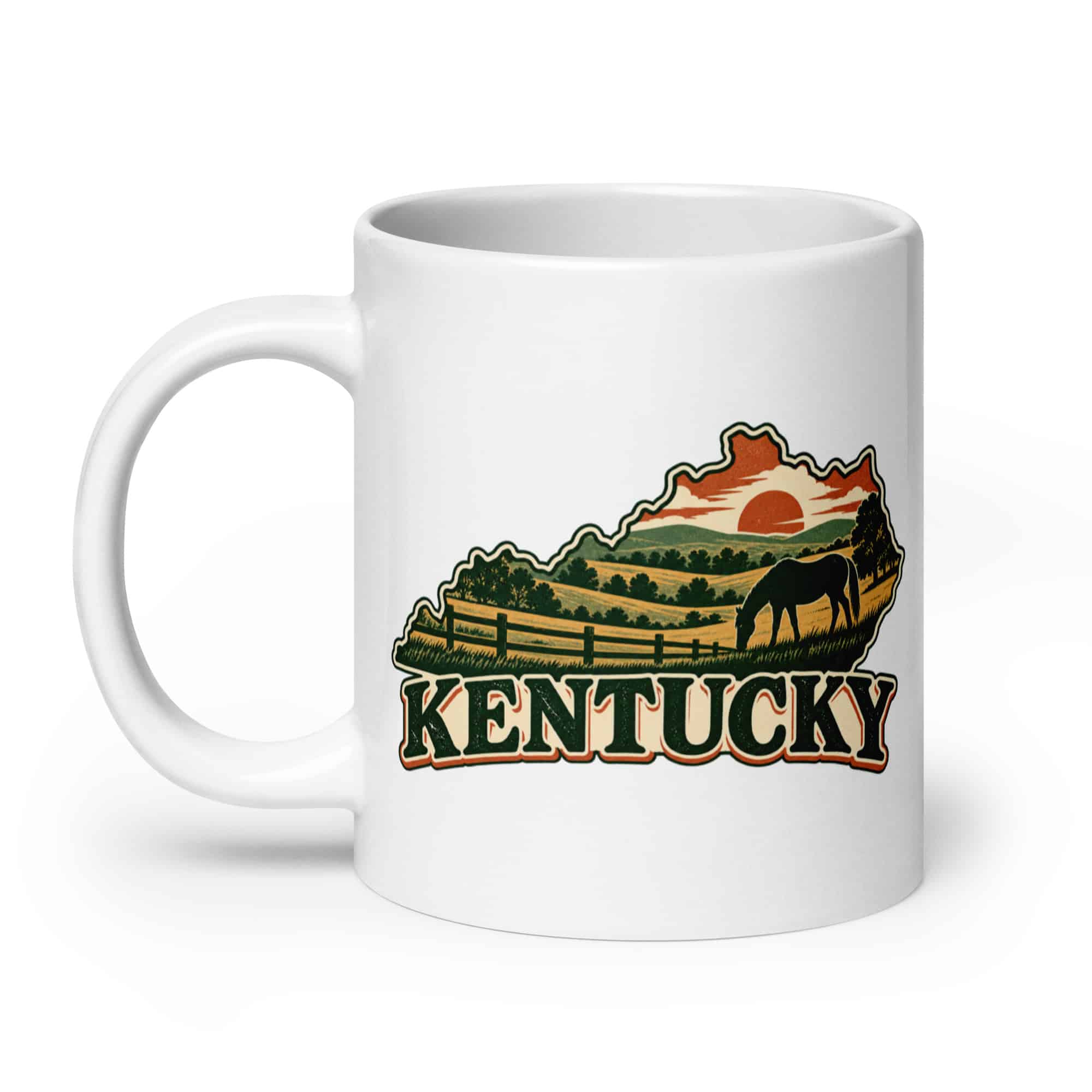 Kentucky White Ceramic Coffee Mug: Rolling pasture and horse silhouette, Vintage Kentucky Silhouette