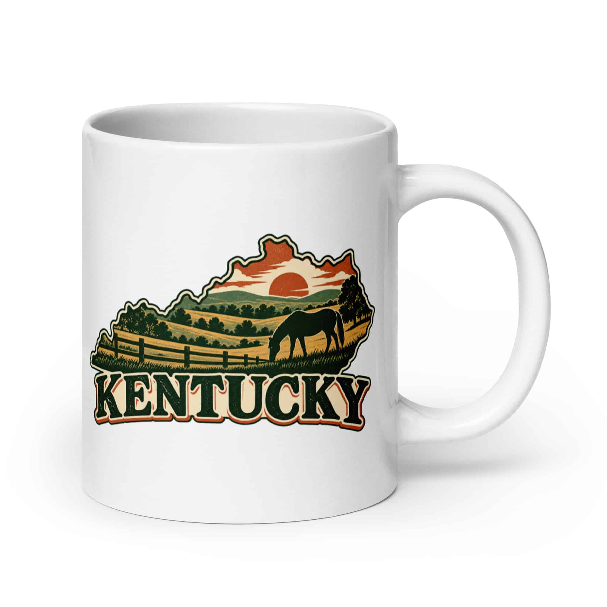 Kentucky White Ceramic Coffee Mug: Rolling pasture and horse silhouette, Vintage Kentucky Silhouette