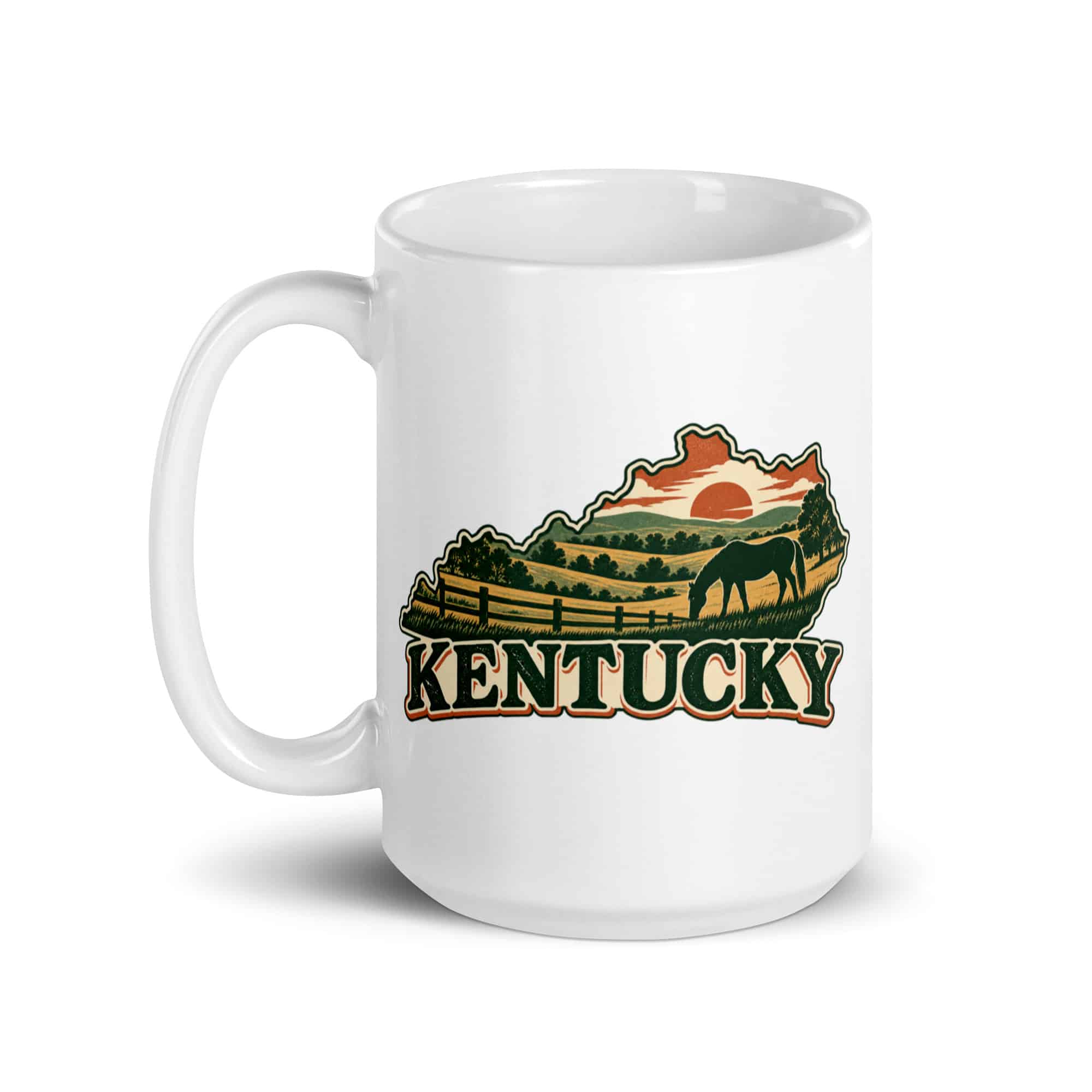 Kentucky White Ceramic Coffee Mug: Rolling pasture and horse silhouette, Vintage Kentucky Silhouette