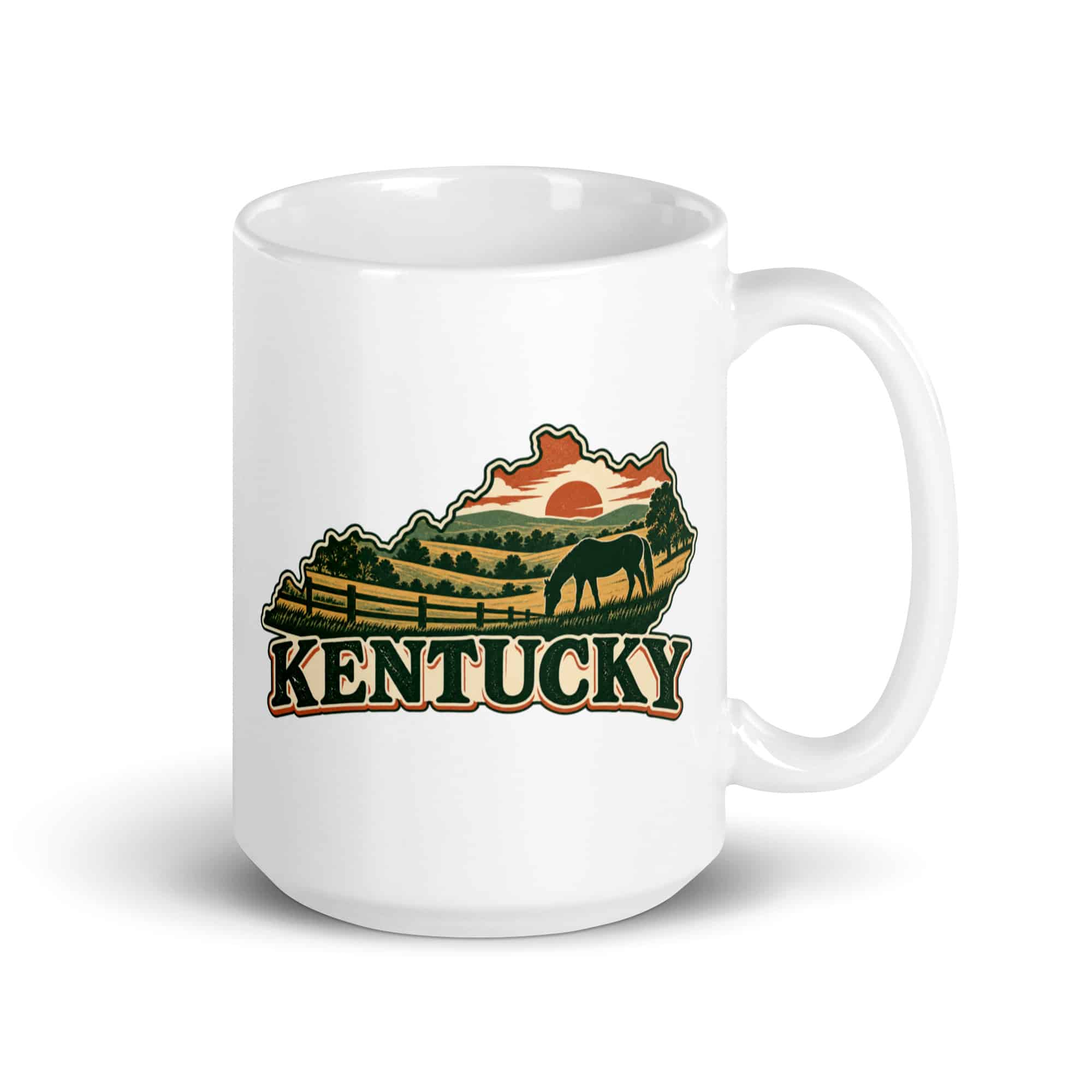 Kentucky White Ceramic Coffee Mug: Rolling pasture and horse silhouette, Vintage Kentucky Silhouette
