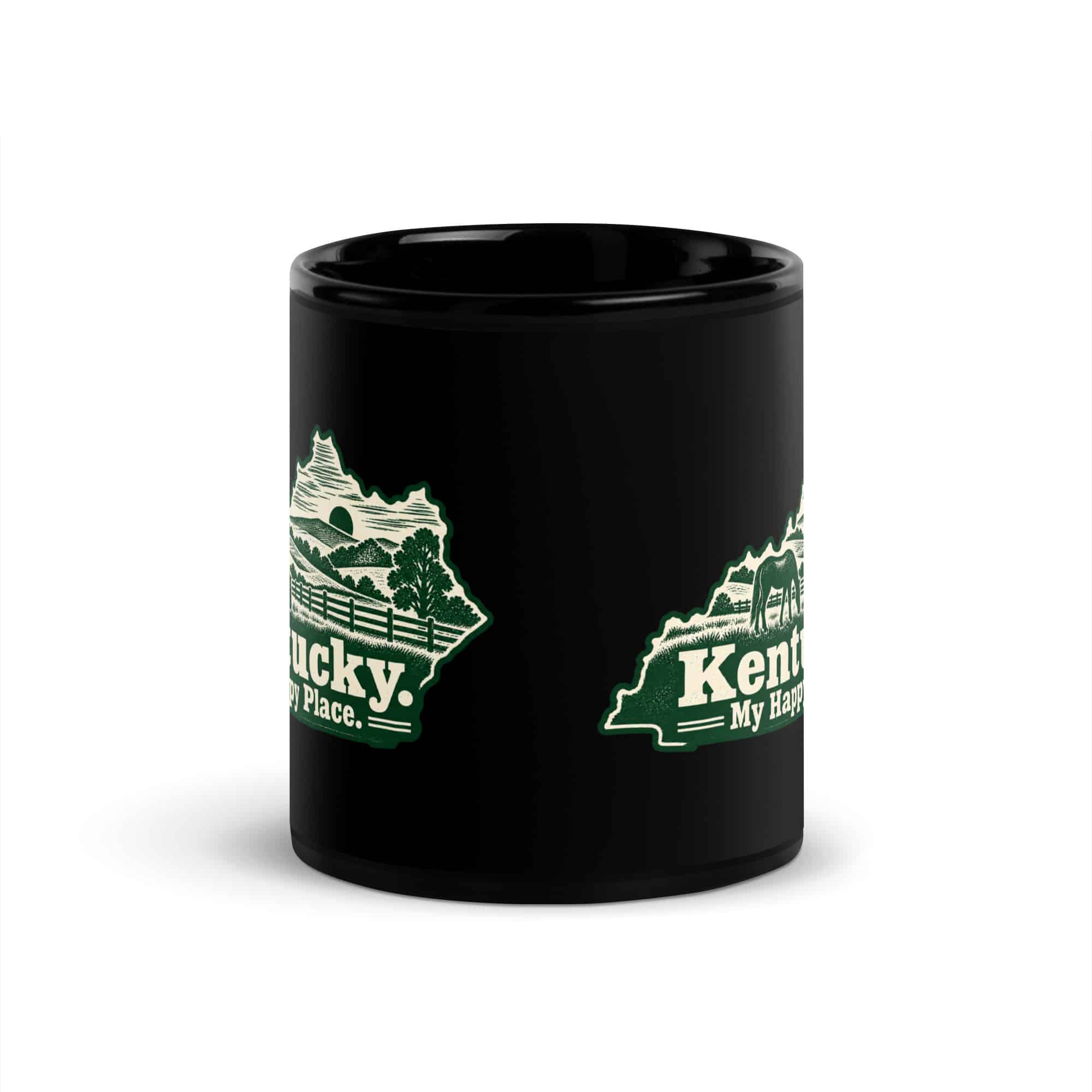 Kentucky Black Coffee Mug: Rolling pasture and horse silhouette, Woodcut Kentucky Silhouette