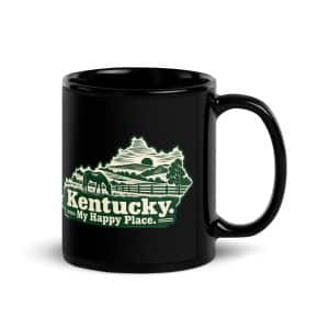 Kentucky Black Coffee Mug: Rolling pasture and horse silhouette, Woodcut Kentucky Silhouette - 11 oz - Handle on Right