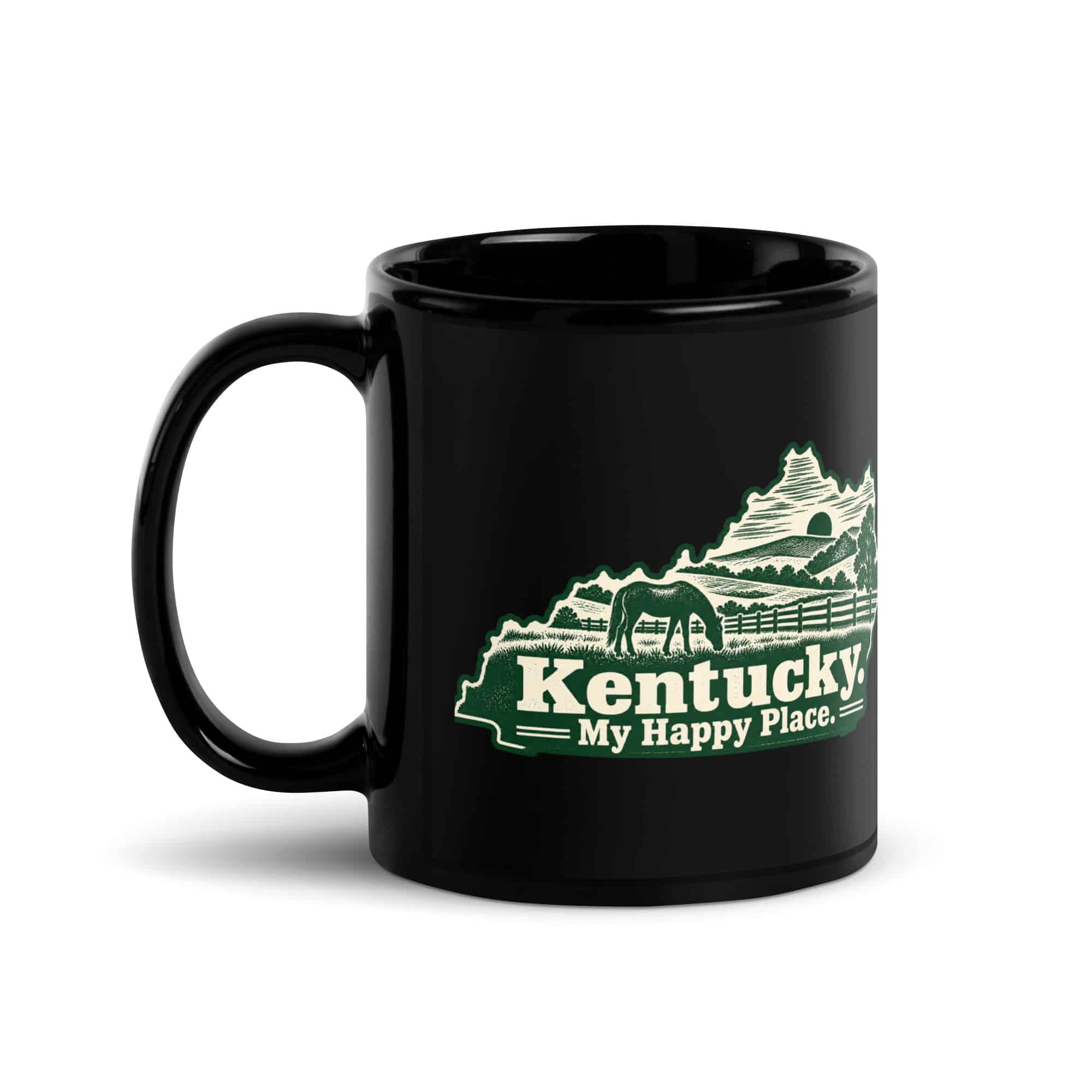 Kentucky Black Coffee Mug: Rolling pasture and horse silhouette, Woodcut Kentucky Silhouette
