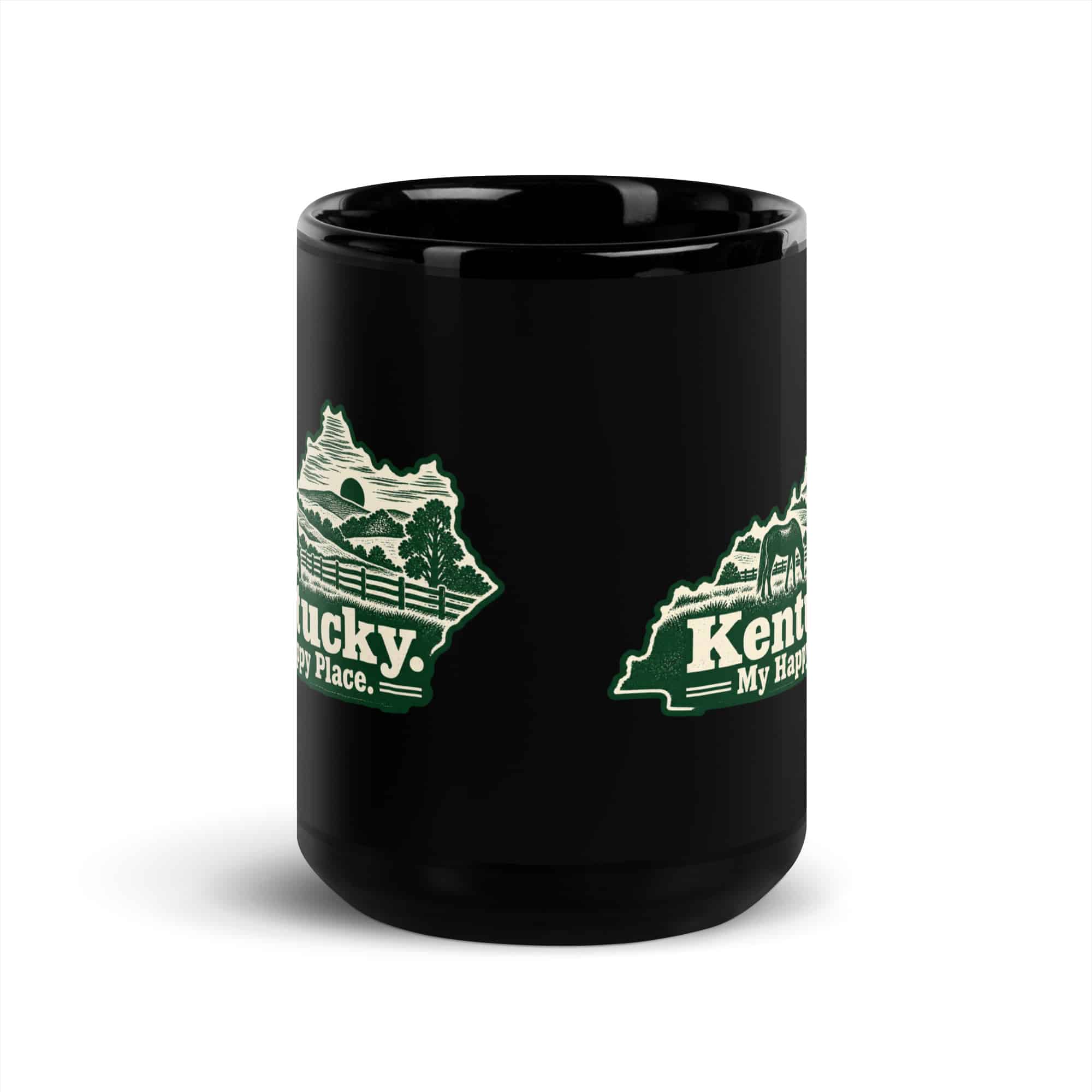 Kentucky Black Coffee Mug: Rolling pasture and horse silhouette, Woodcut Kentucky Silhouette
