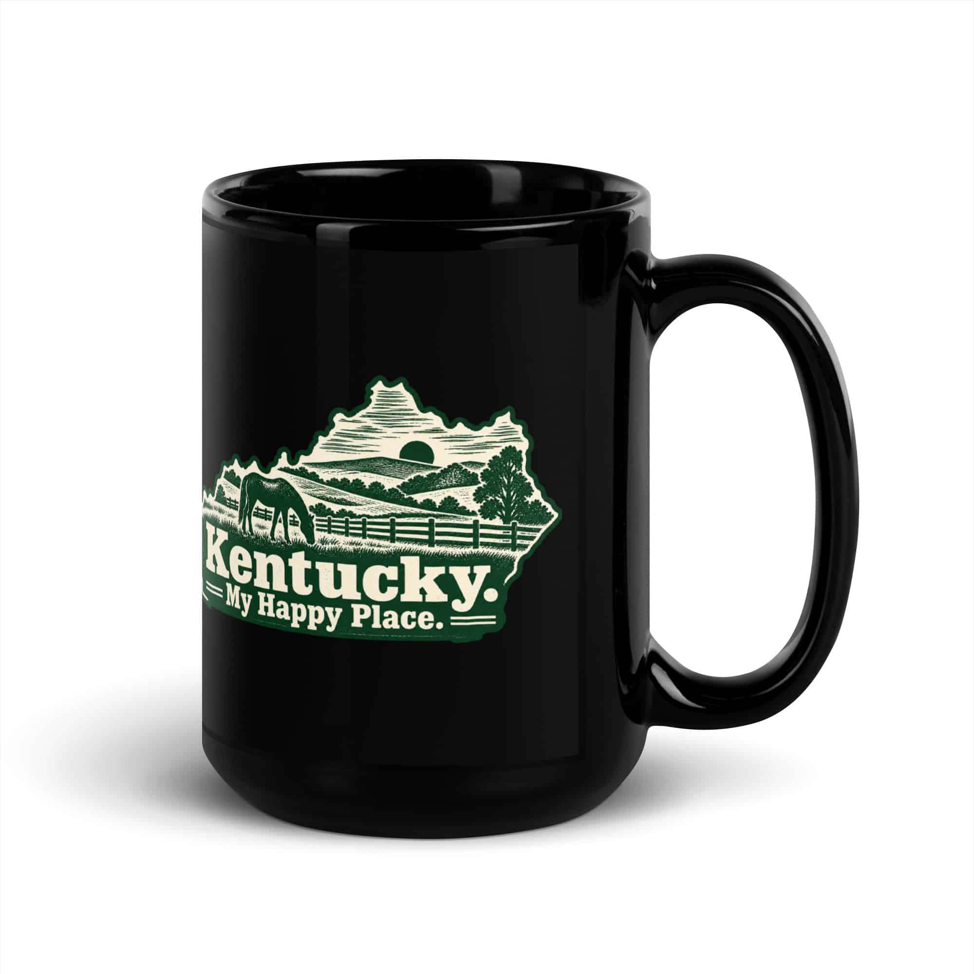 Kentucky Black Coffee Mug: Rolling pasture and horse silhouette, Woodcut Kentucky Silhouette