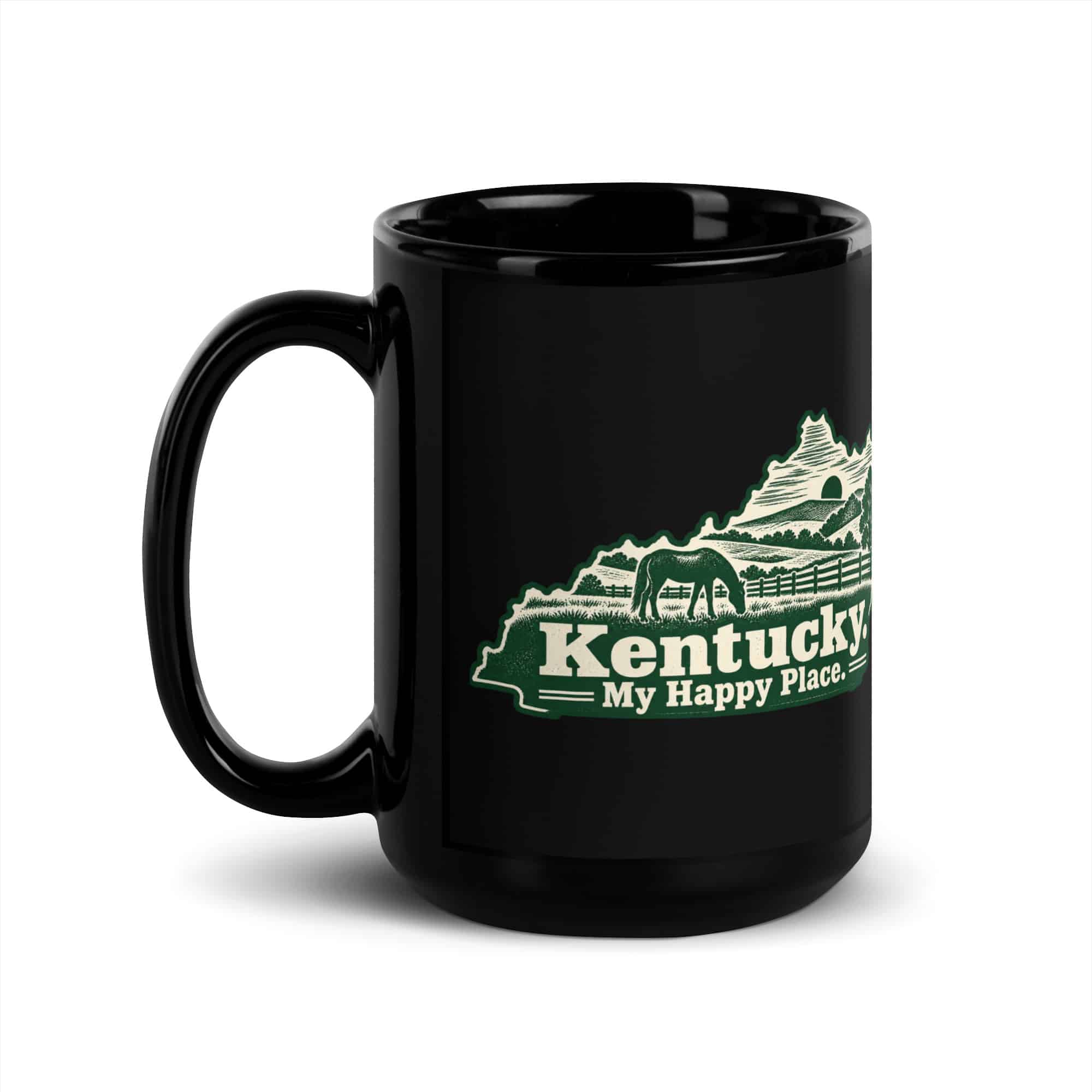 Kentucky Black Coffee Mug: Rolling pasture and horse silhouette, Woodcut Kentucky Silhouette