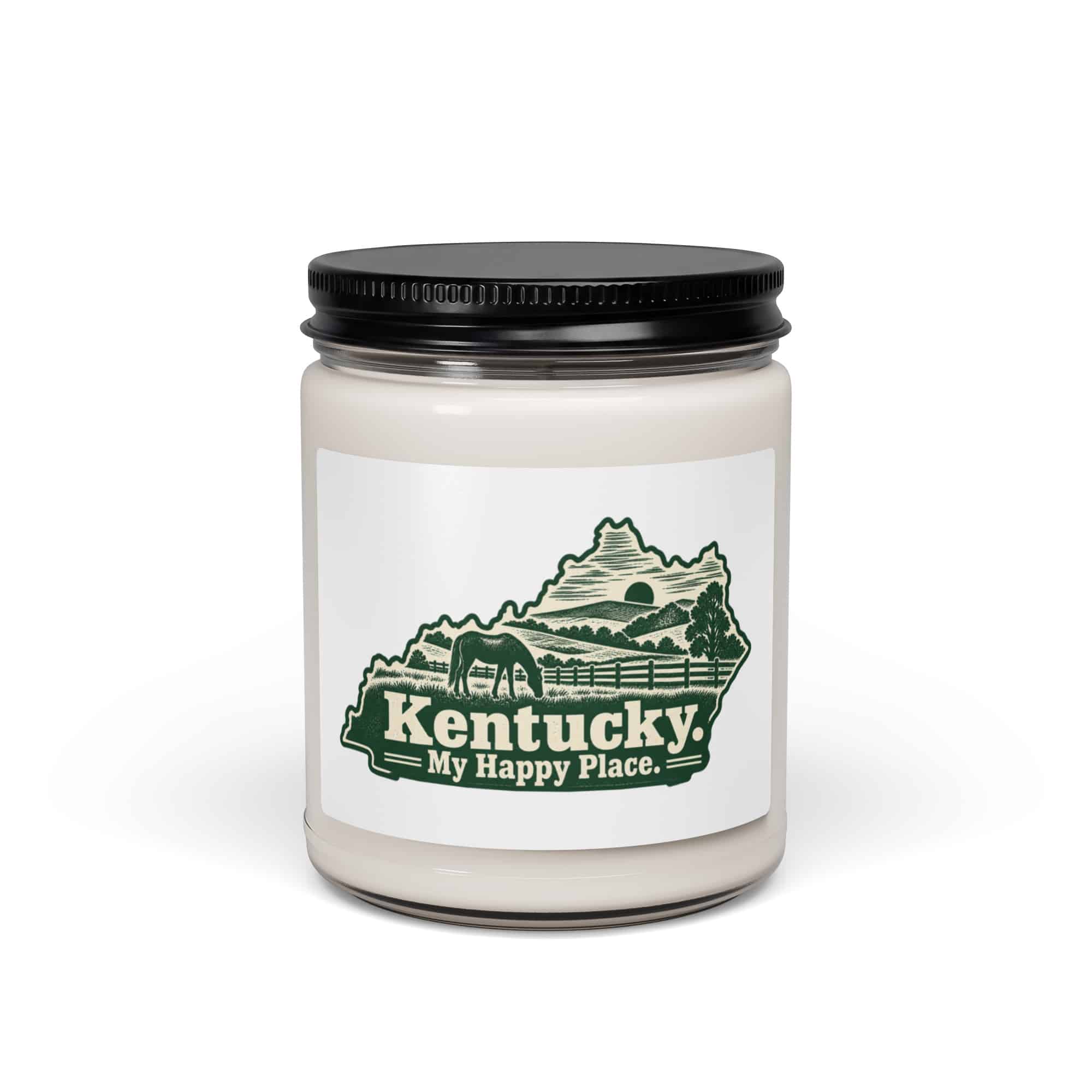 Kentucky Soy Wax Candle: Rolling pasture and horse silhouette, Woodcut Kentucky Silhouette