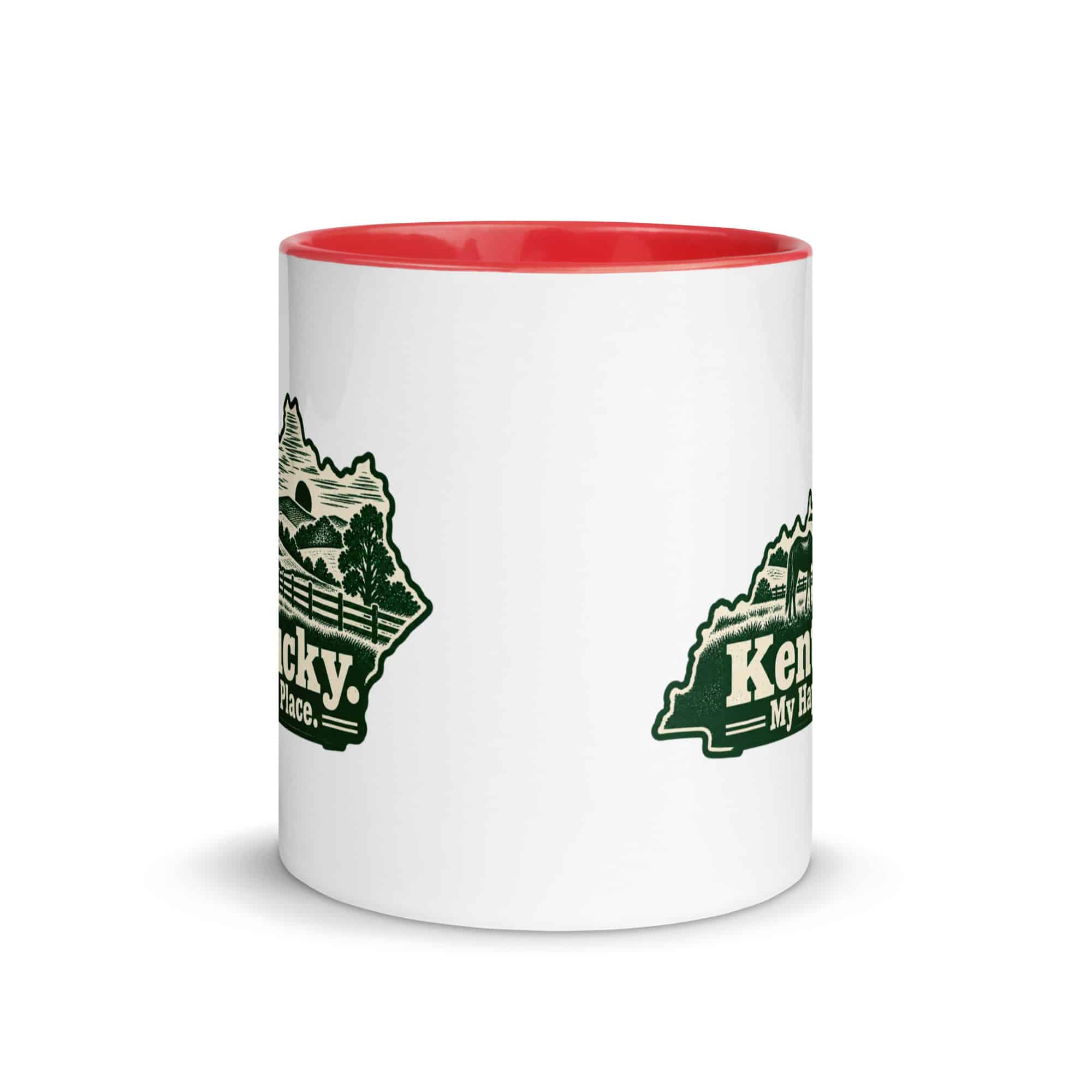 Kentucky Color Inside Coffee Mug: Rolling pasture and horse silhouette, Woodcut Kentucky Silhouette