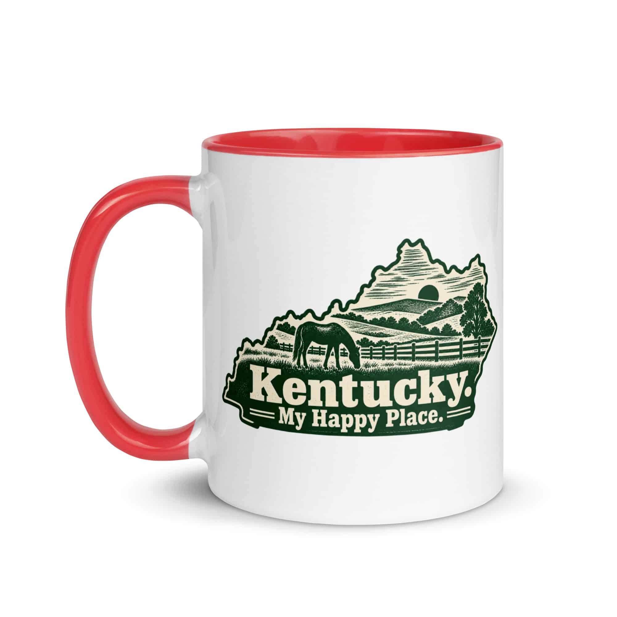 Kentucky Color Inside Coffee Mug: Rolling pasture and horse silhouette, Woodcut Kentucky Silhouette