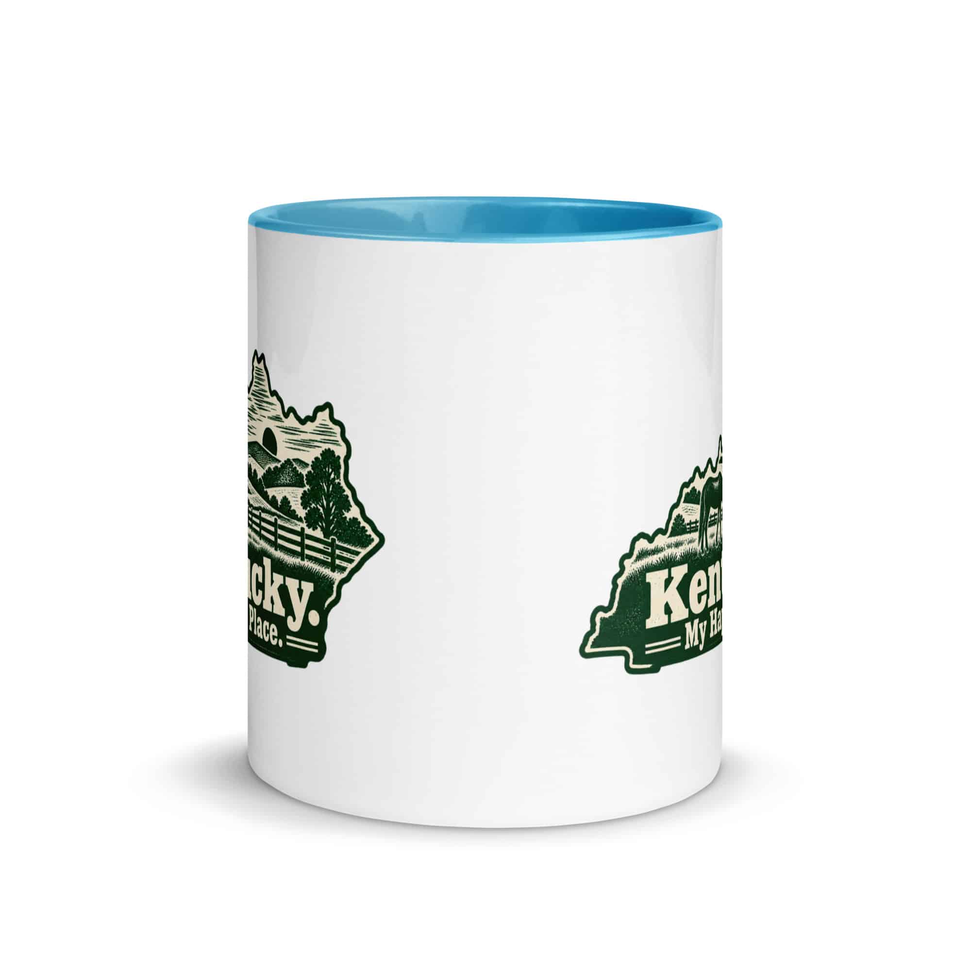 Kentucky Color Inside Coffee Mug: Rolling pasture and horse silhouette, Woodcut Kentucky Silhouette