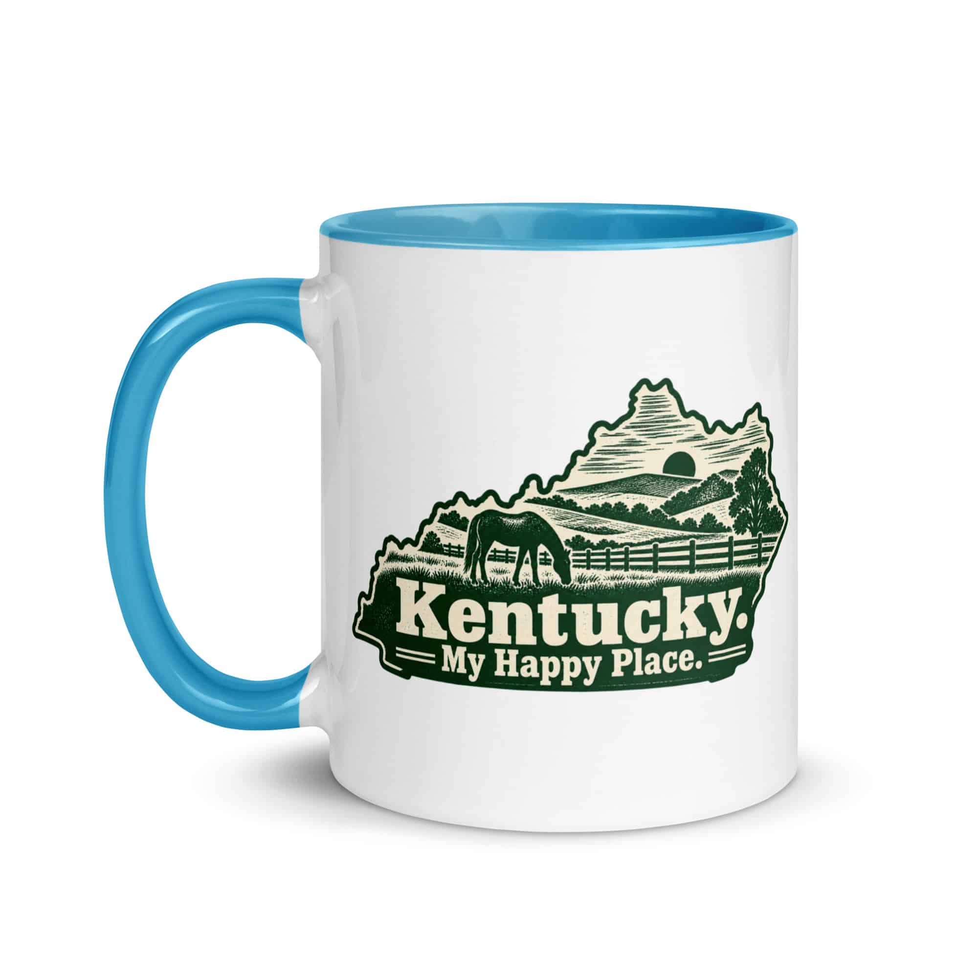 Kentucky Color Inside Coffee Mug: Rolling pasture and horse silhouette, Woodcut Kentucky Silhouette