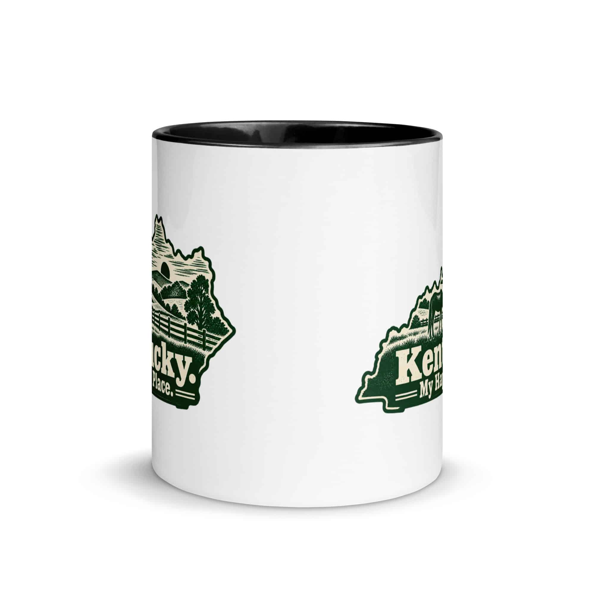 Kentucky Color Inside Coffee Mug: Rolling pasture and horse silhouette, Woodcut Kentucky Silhouette