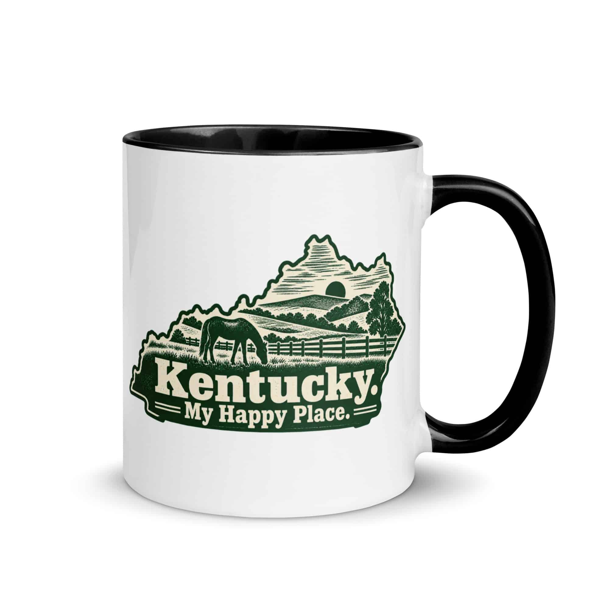 Kentucky Color Inside Coffee Mug: Rolling pasture and horse silhouette, Woodcut Kentucky Silhouette