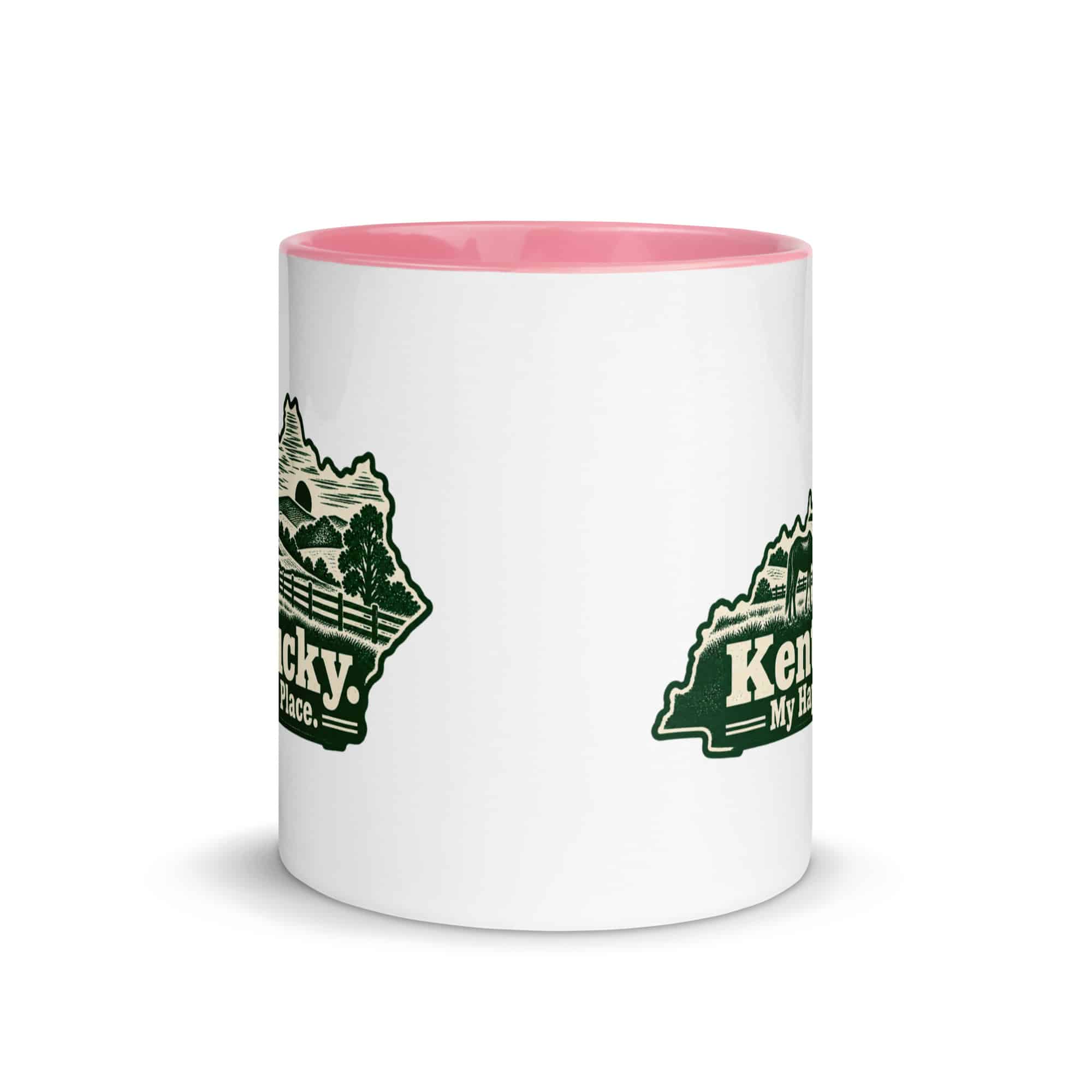 Kentucky Color Inside Coffee Mug: Rolling pasture and horse silhouette, Woodcut Kentucky Silhouette