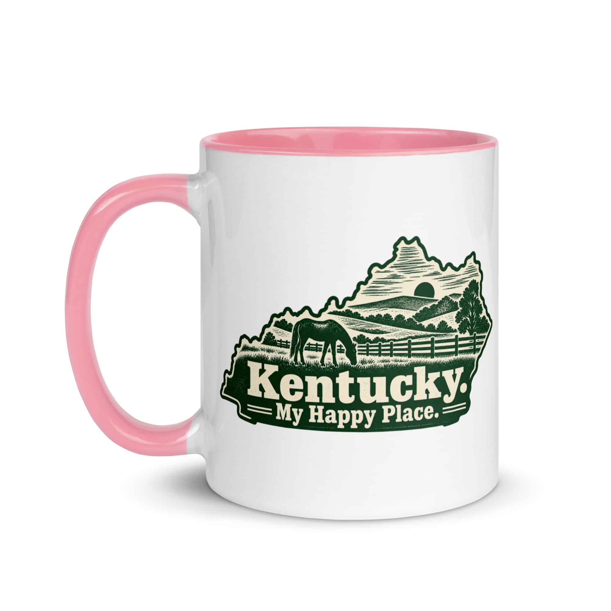 Kentucky Color Inside Coffee Mug: Rolling pasture and horse silhouette, Woodcut Kentucky Silhouette