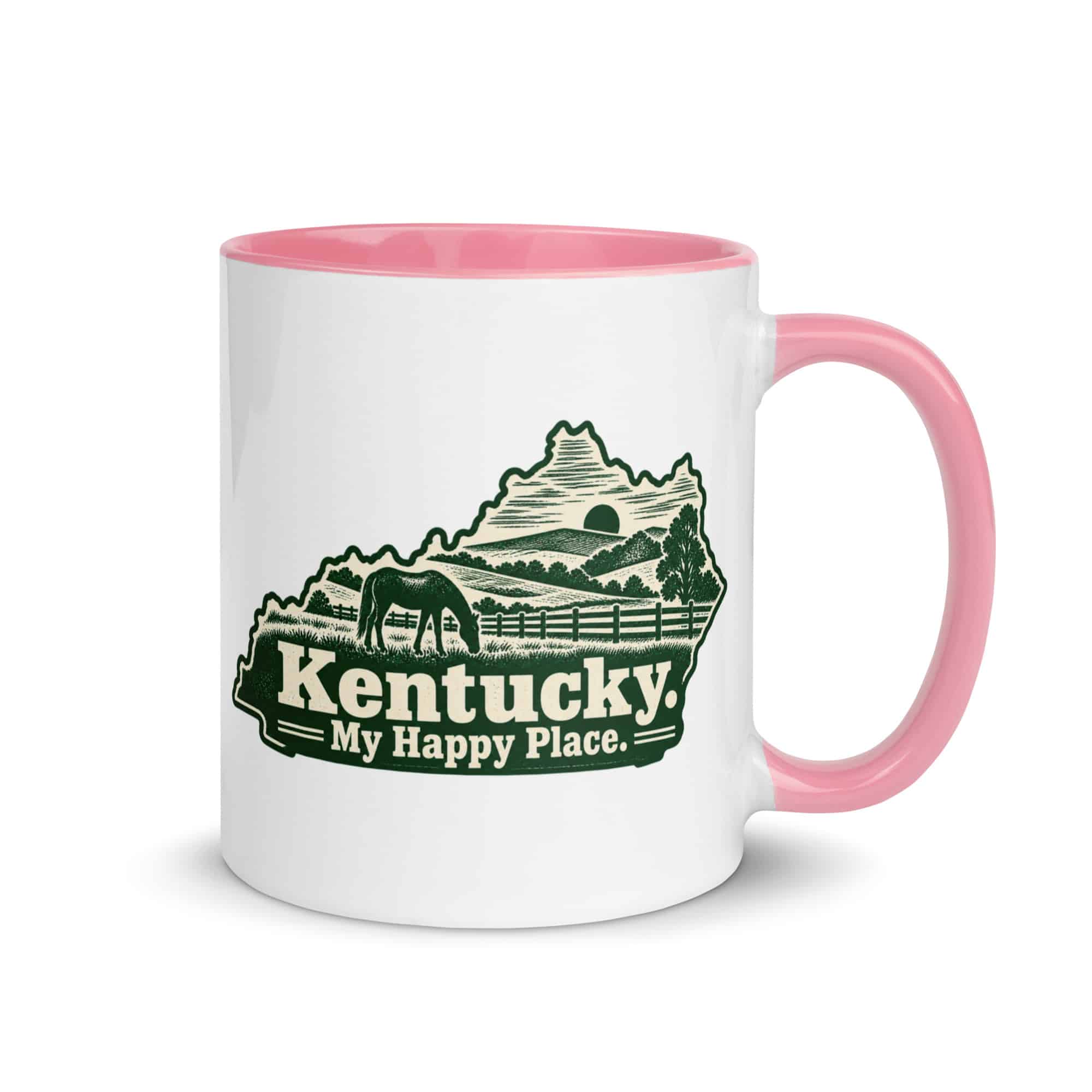 Kentucky Color Inside Coffee Mug: Rolling pasture and horse silhouette, Woodcut Kentucky Silhouette