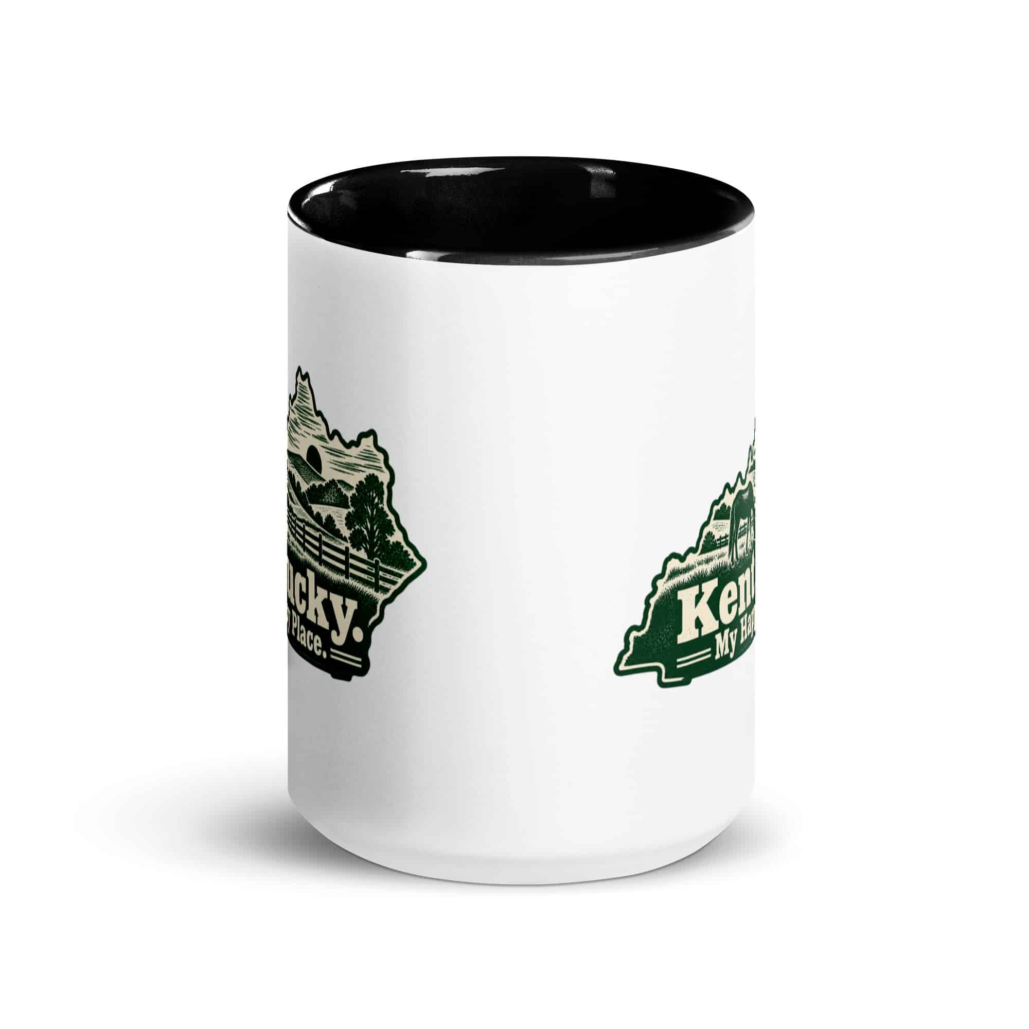 Kentucky Color Inside Coffee Mug: Rolling pasture and horse silhouette, Woodcut Kentucky Silhouette