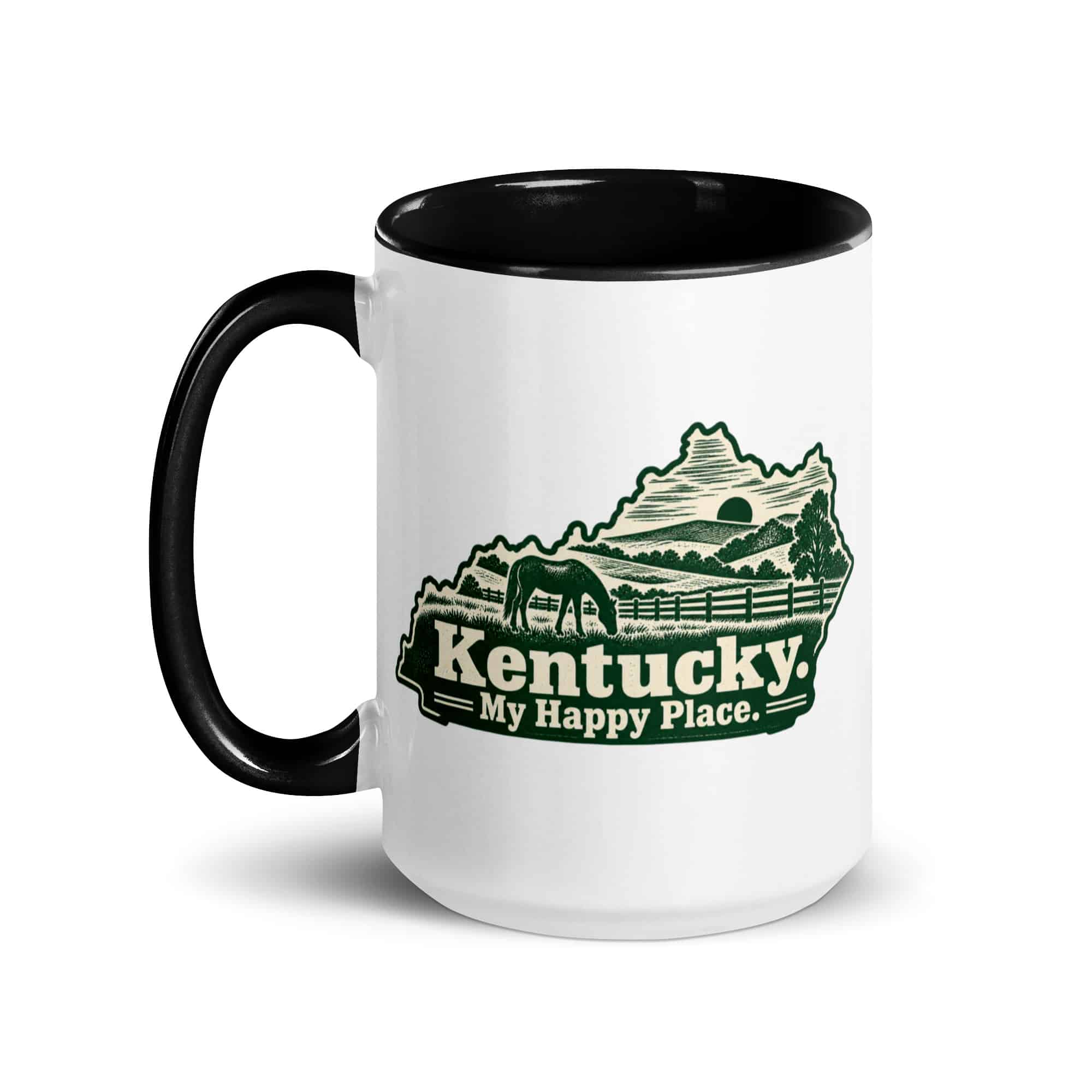 Kentucky Color Inside Coffee Mug: Rolling pasture and horse silhouette, Woodcut Kentucky Silhouette