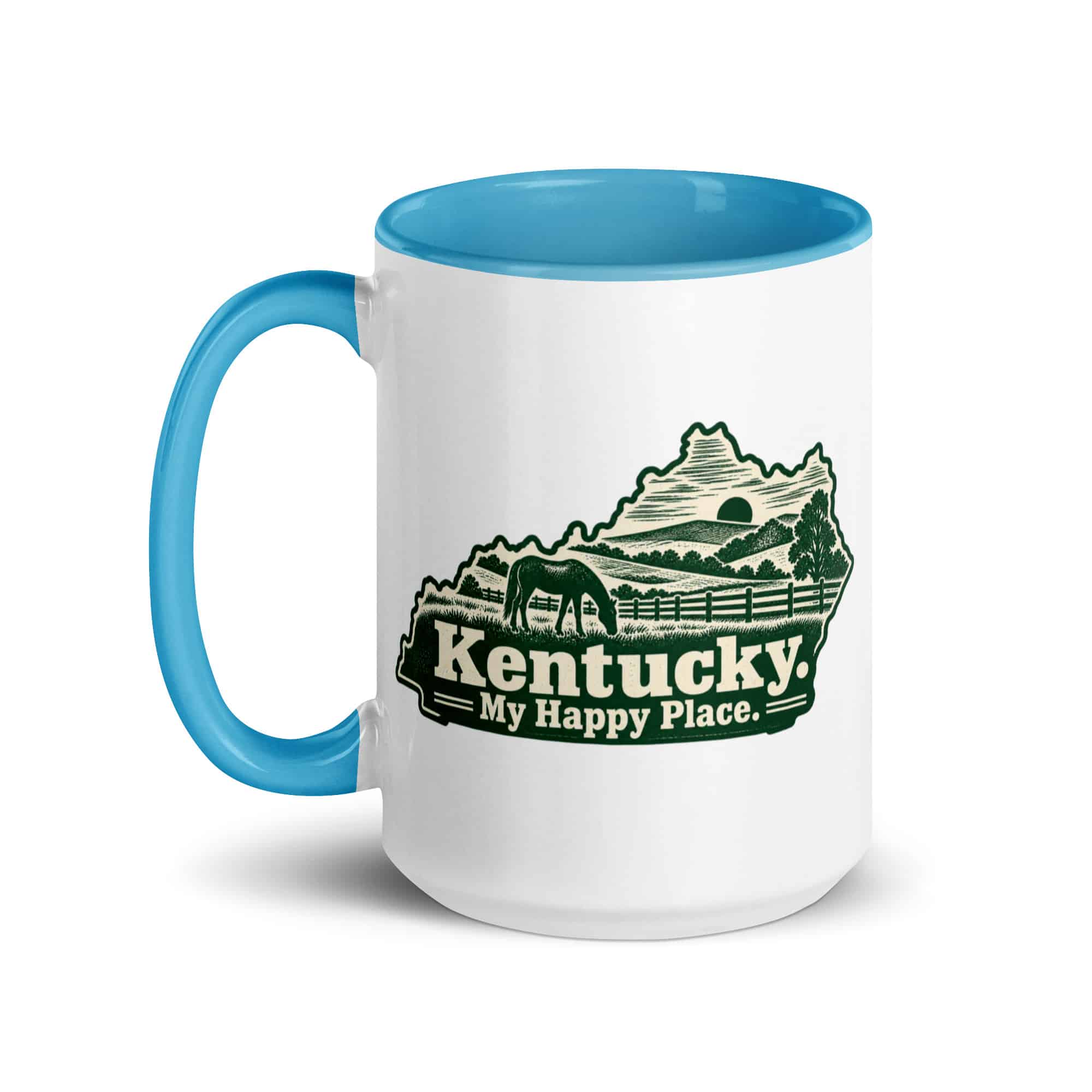 Kentucky Color Inside Coffee Mug: Rolling pasture and horse silhouette, Woodcut Kentucky Silhouette