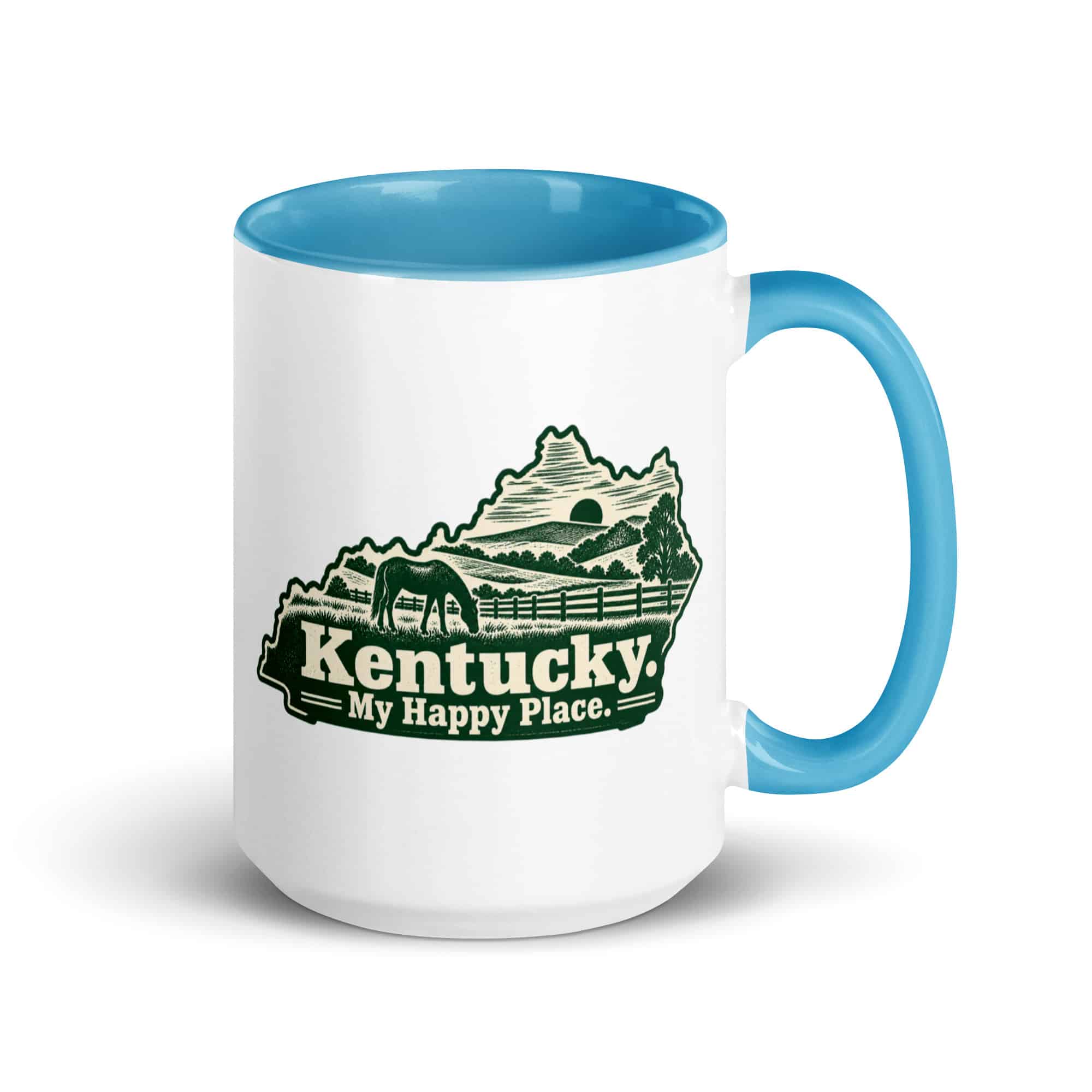 Kentucky Color Inside Coffee Mug: Rolling pasture and horse silhouette, Woodcut Kentucky Silhouette