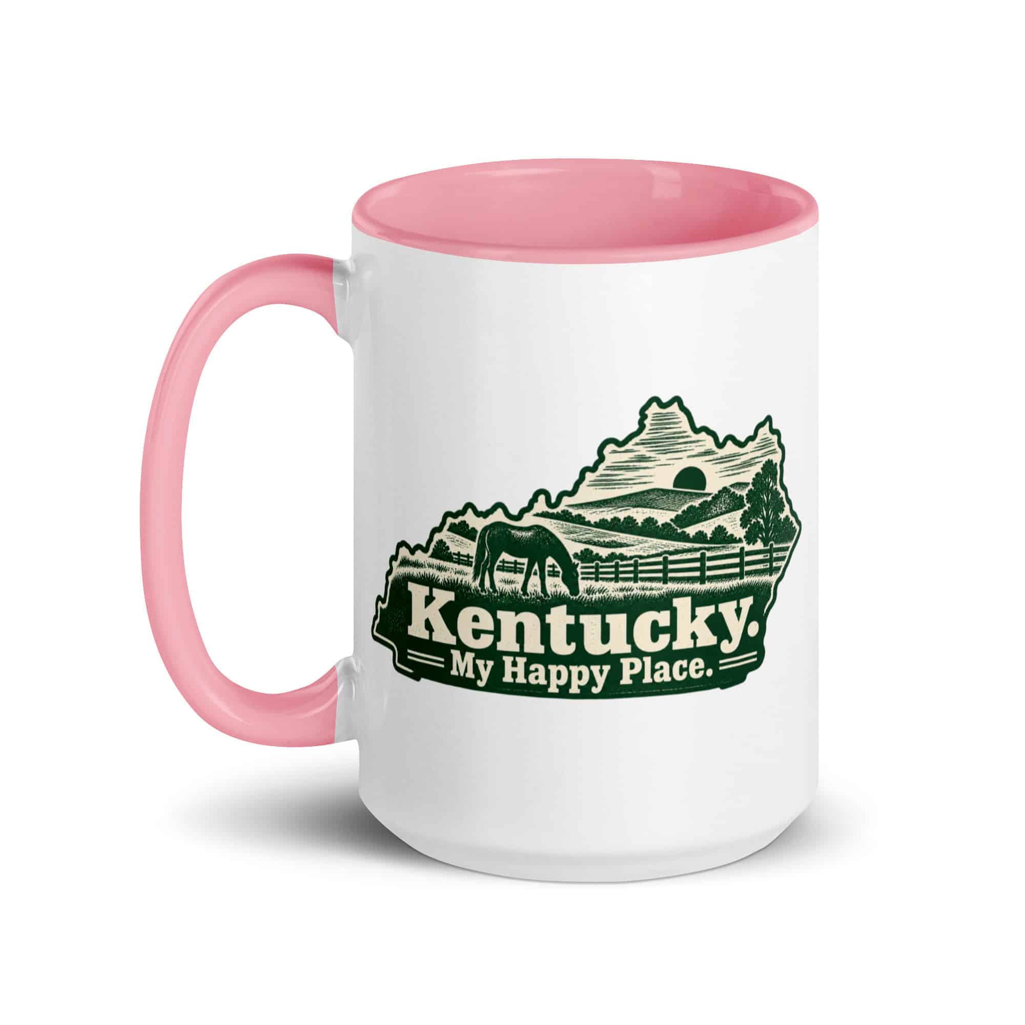 Kentucky Color Inside Coffee Mug: Rolling pasture and horse silhouette, Woodcut Kentucky Silhouette