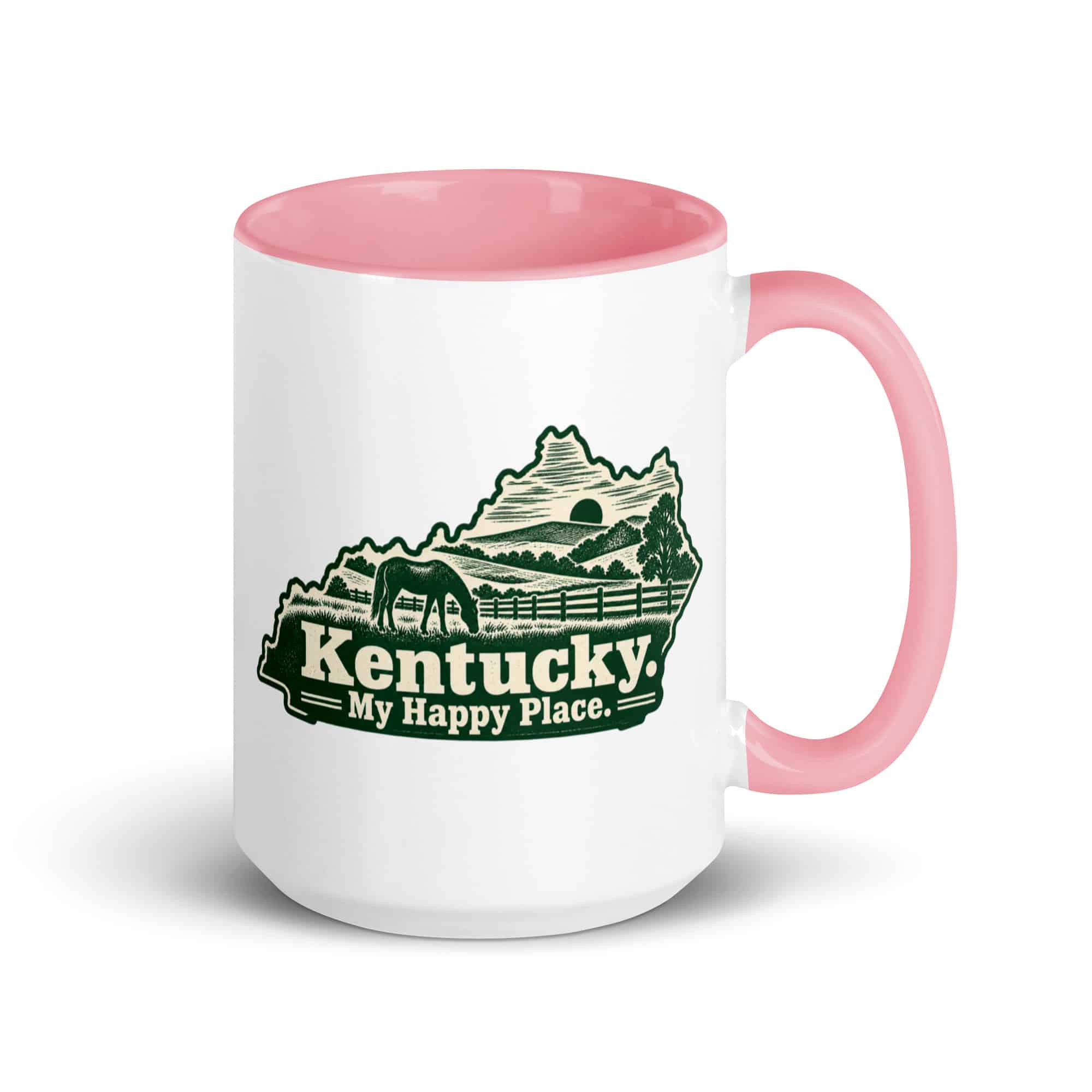 Kentucky Color Inside Coffee Mug: Rolling pasture and horse silhouette, Woodcut Kentucky Silhouette