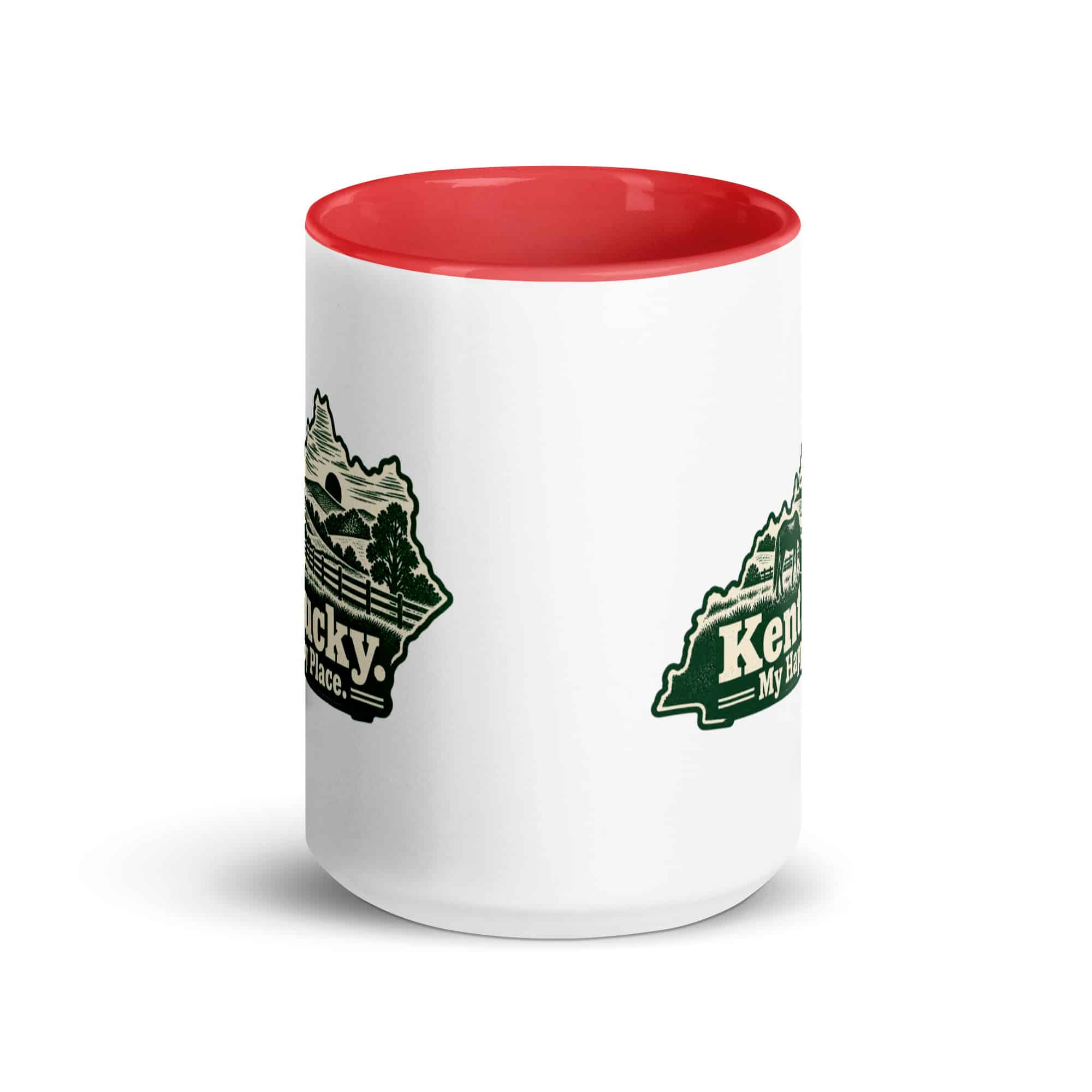 Kentucky Color Inside Coffee Mug: Rolling pasture and horse silhouette, Woodcut Kentucky Silhouette