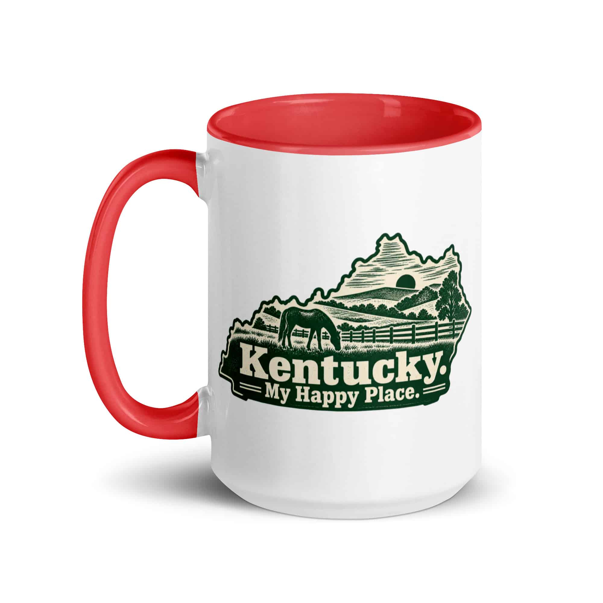 Kentucky Color Inside Coffee Mug: Rolling pasture and horse silhouette, Woodcut Kentucky Silhouette